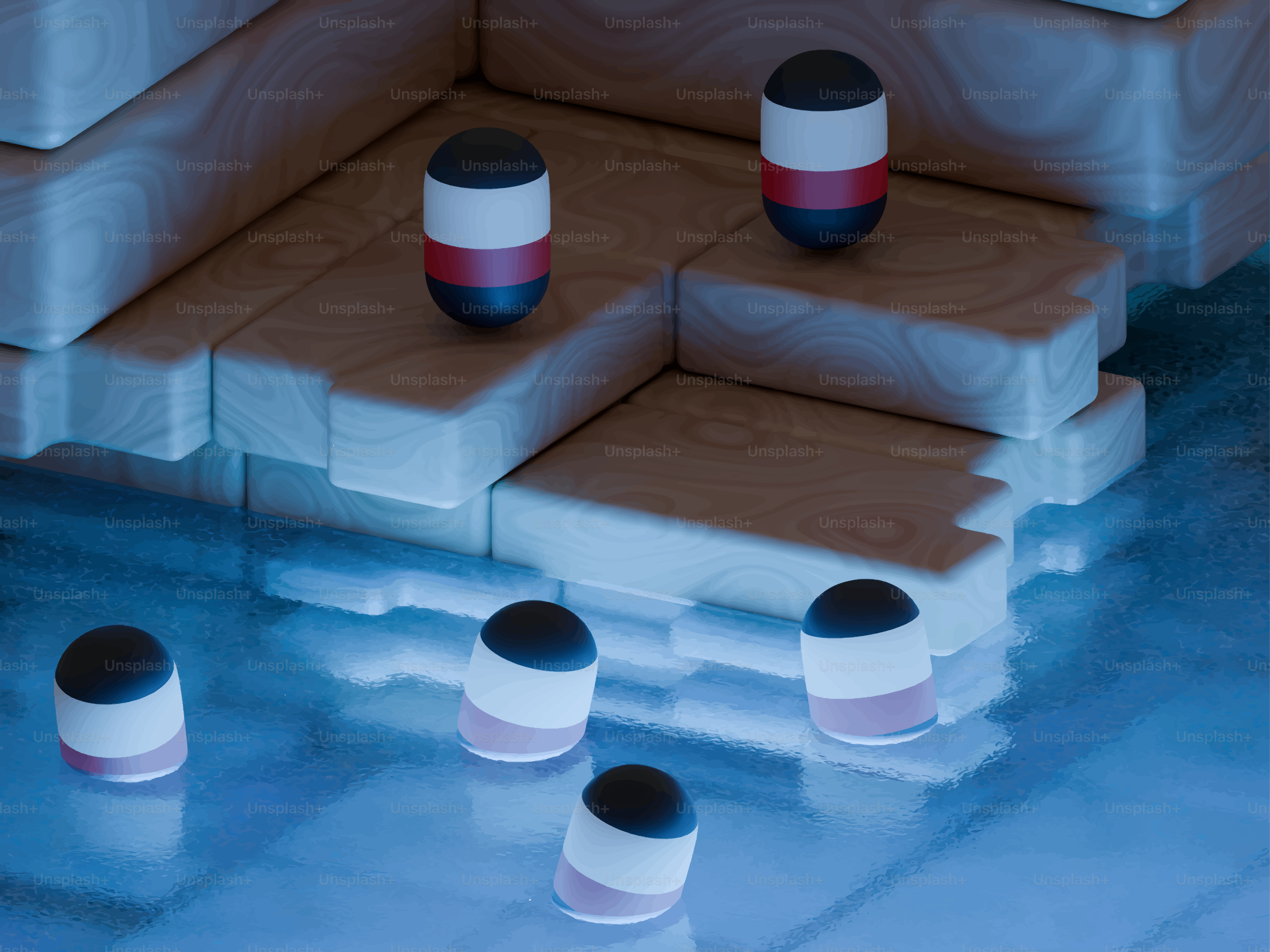 Kleine zylindrische Objekte mit roten und weißen Bändern.