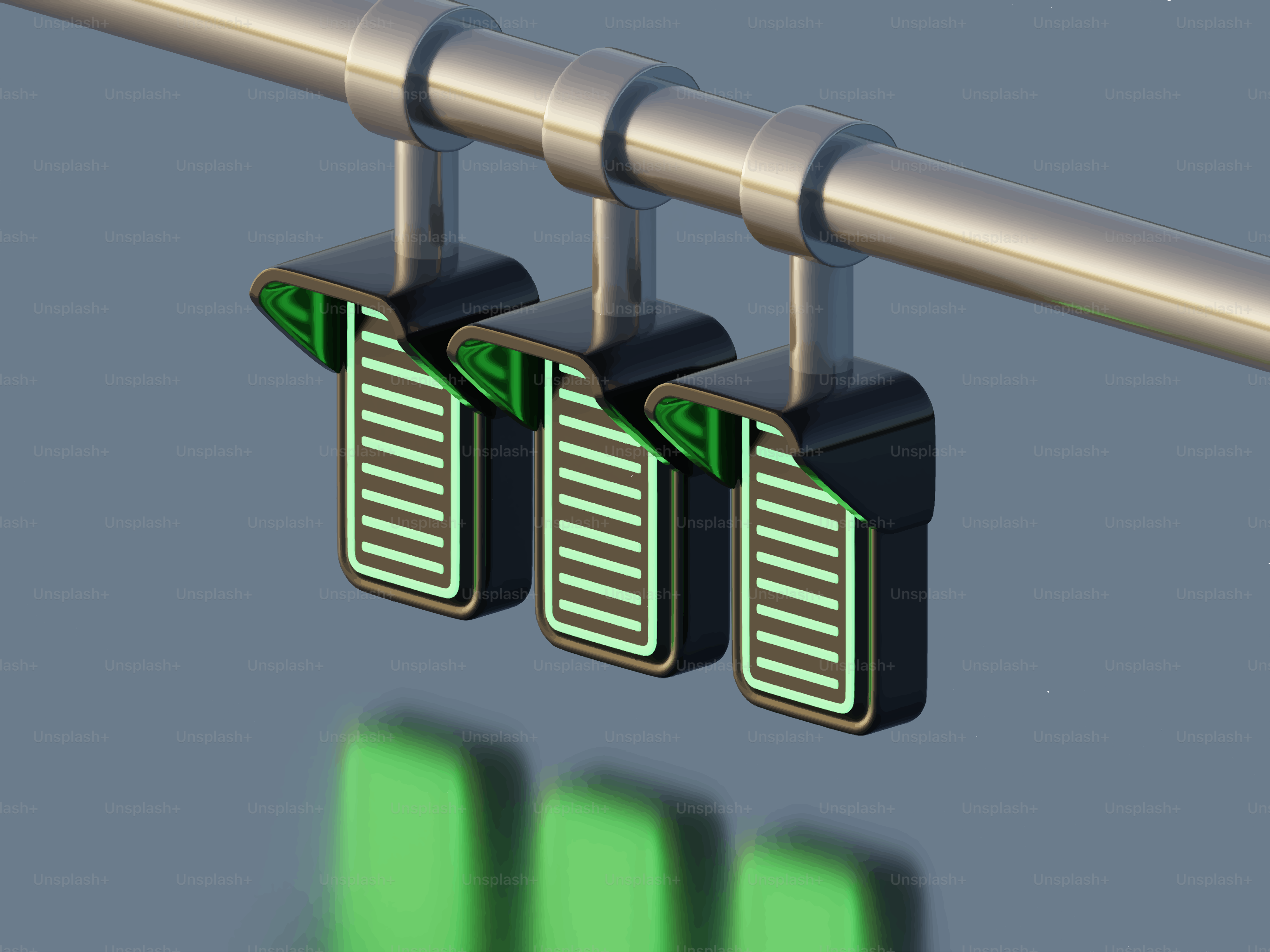 Three traffic lights showing green signals