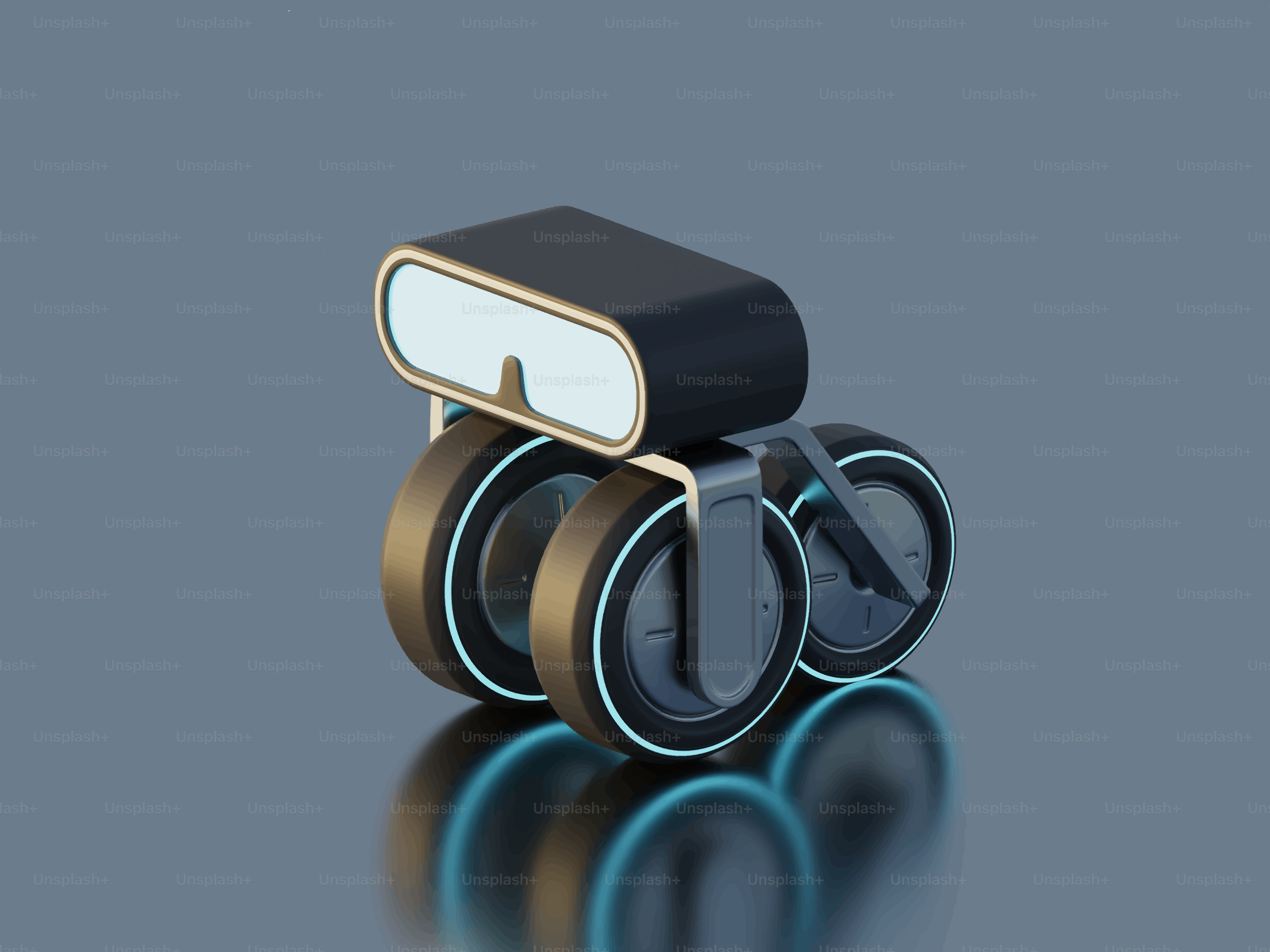 Futuristic robot with four wheels and glowing lights