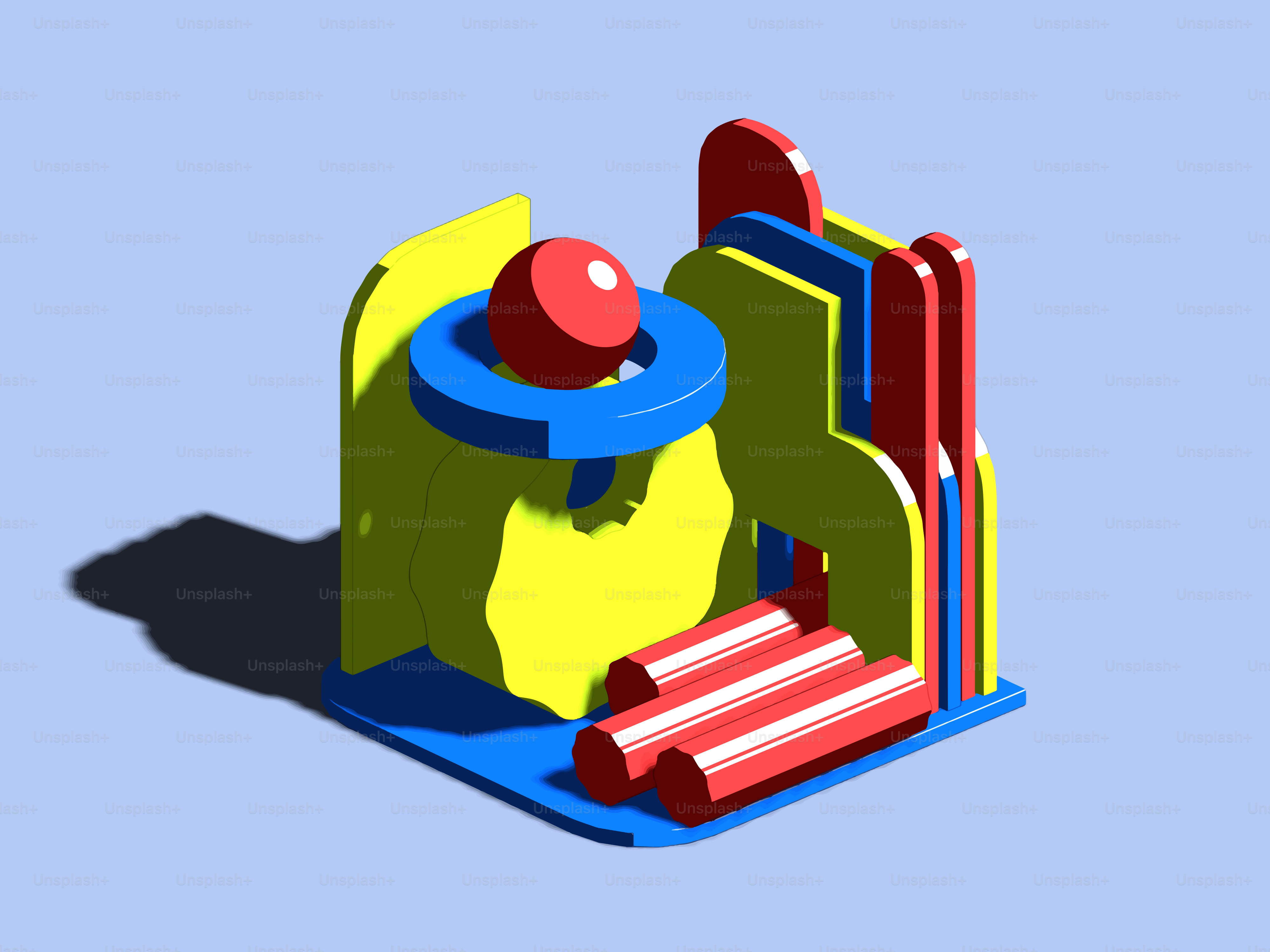 Abstract colorful geometric sculpture with red ball