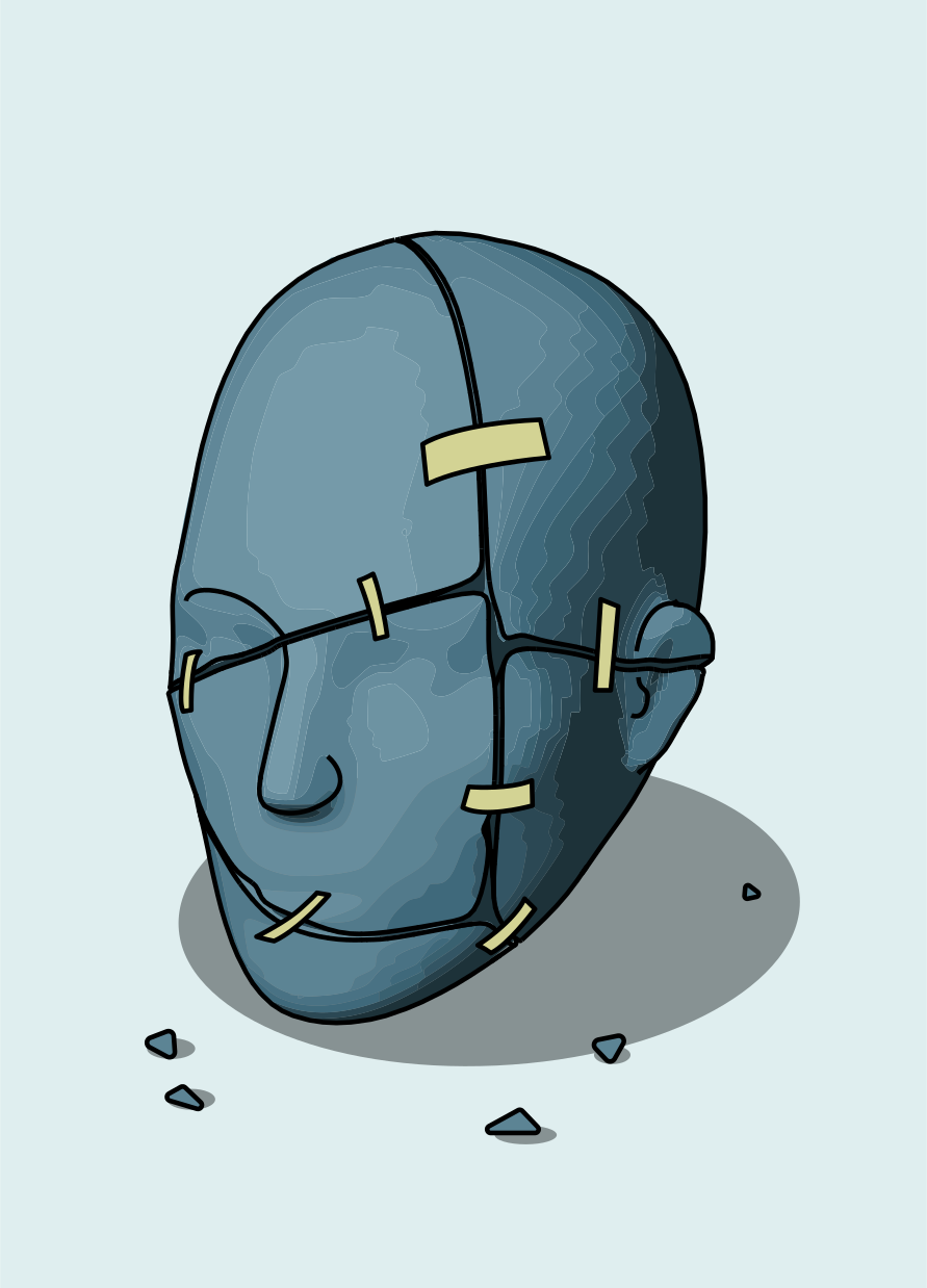 A stitched-together blue head with bandages