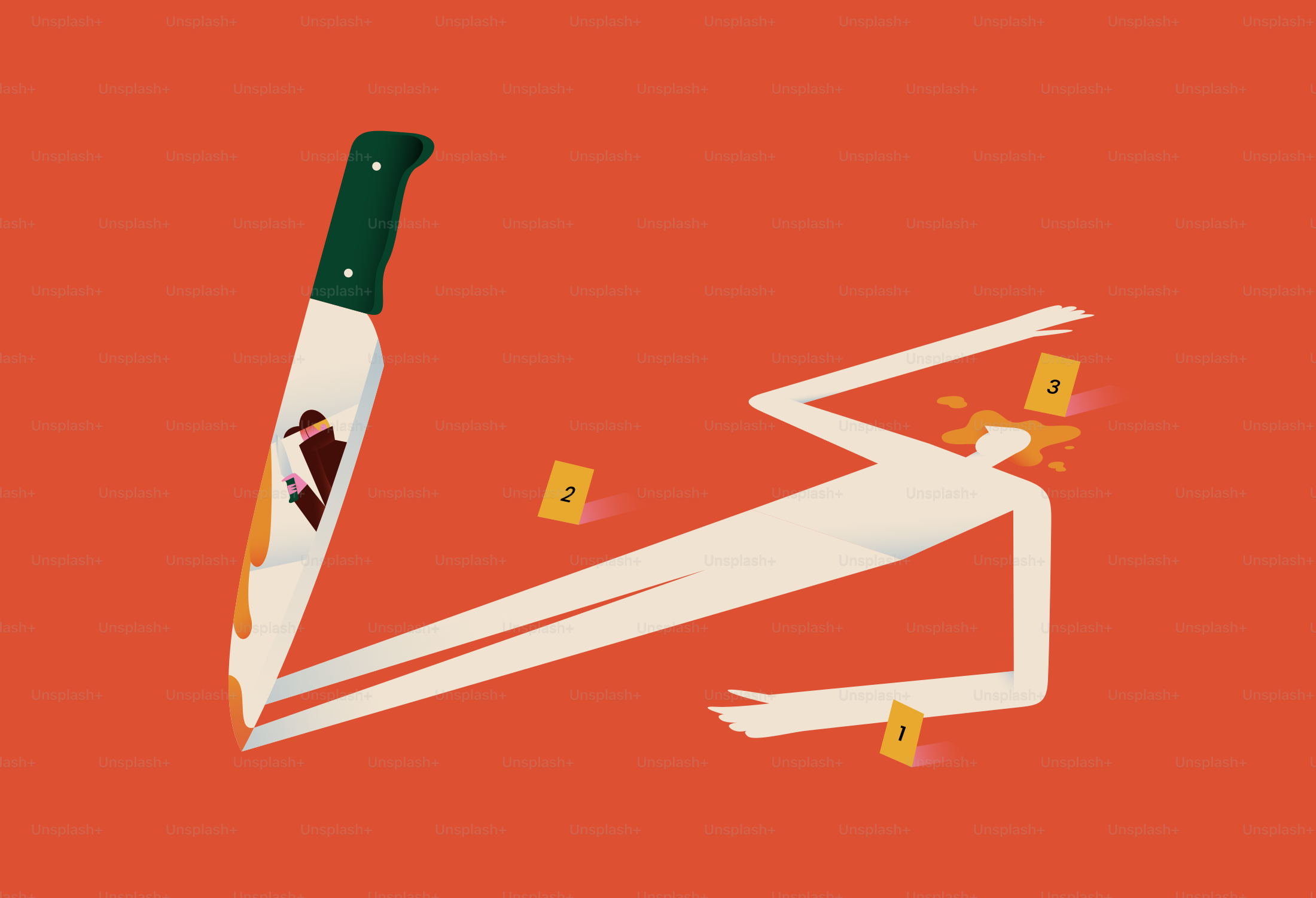 Eine stilisierte Darstellung eines Tatorts mit einem Messer.