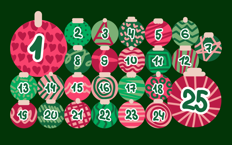 Weihnachts-Adventskalender mit nummerierten Ornamenten