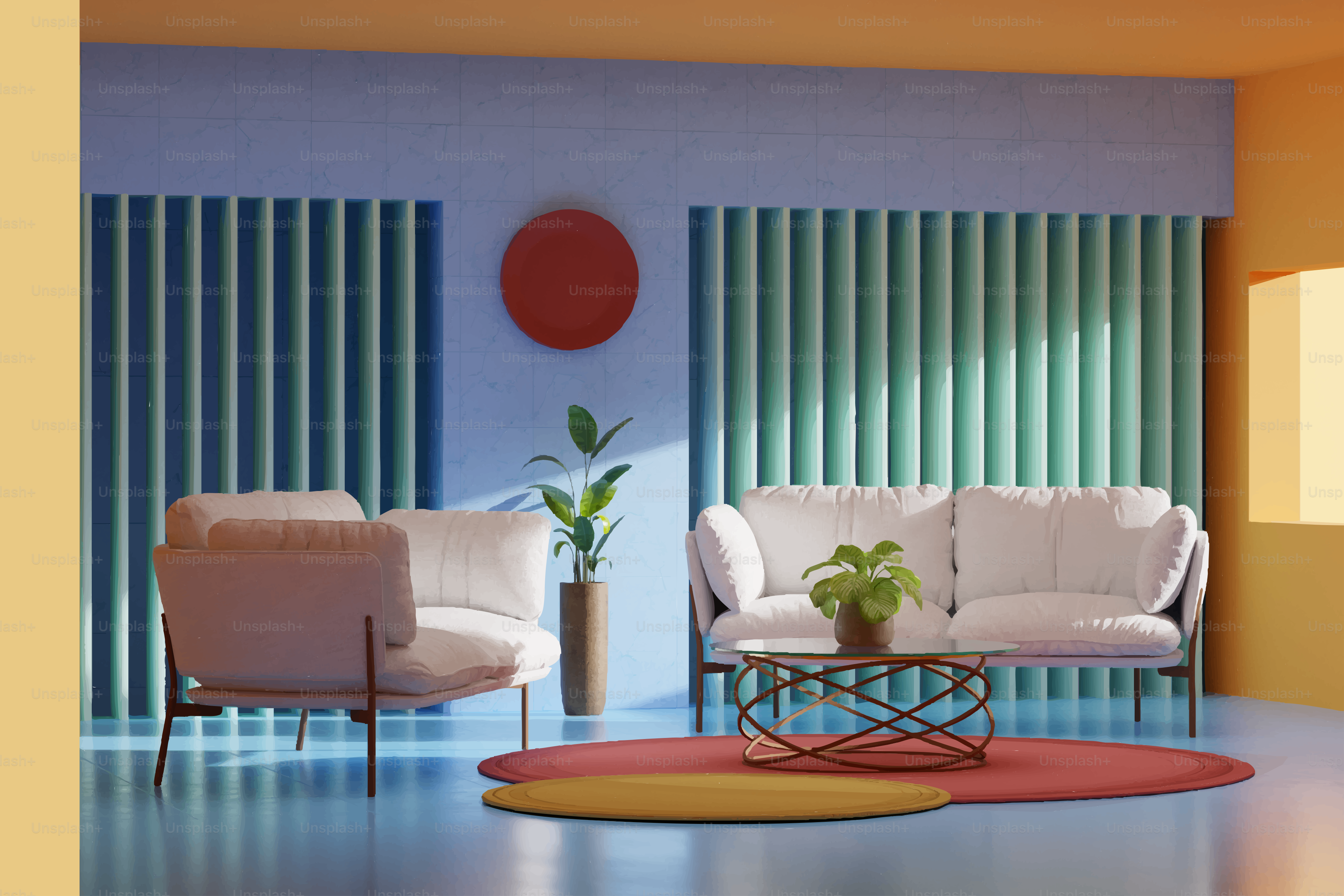 Modern living room with white sofa and armchair