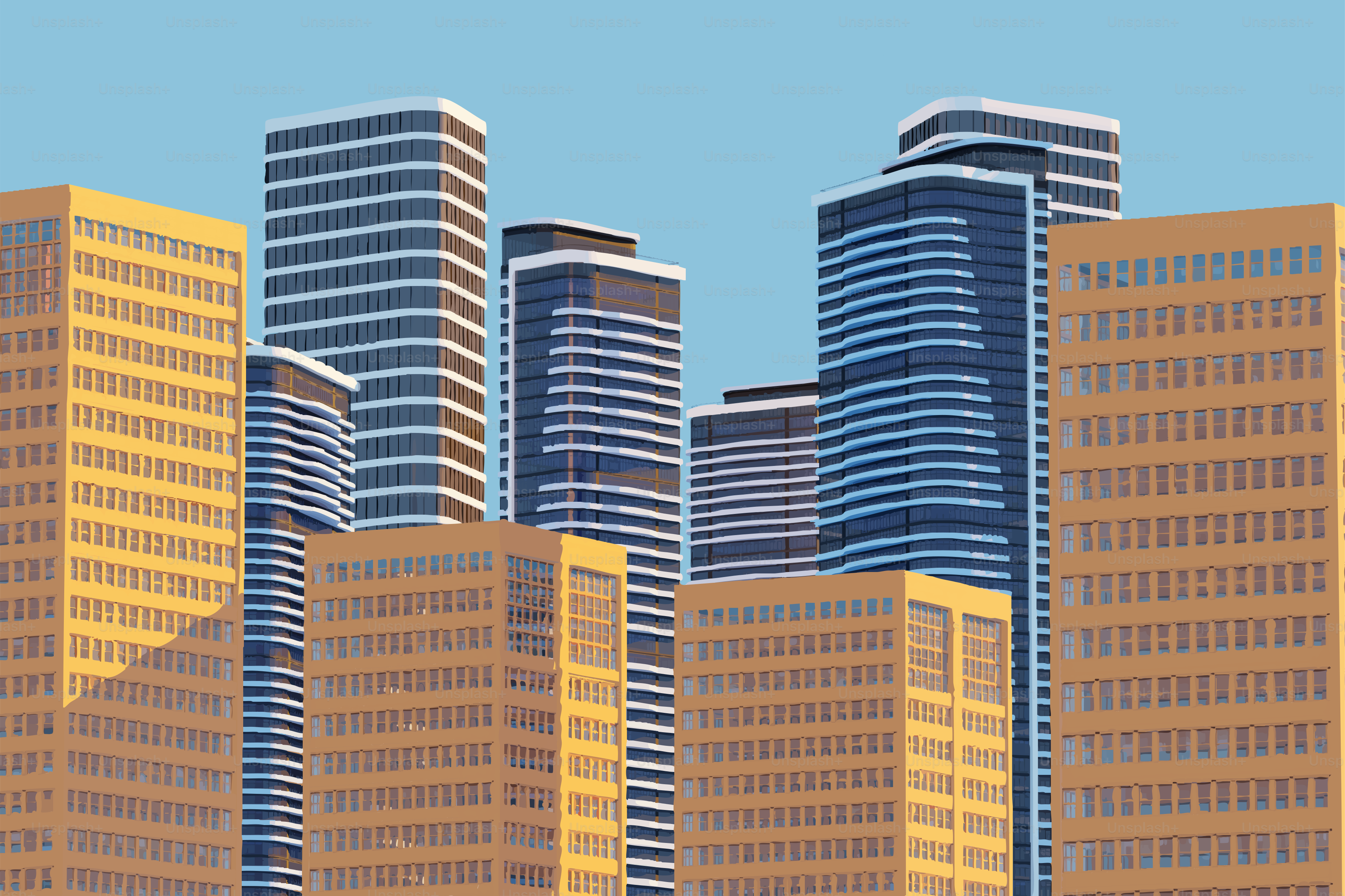 Modern skyscrapers against a clear blue sky.