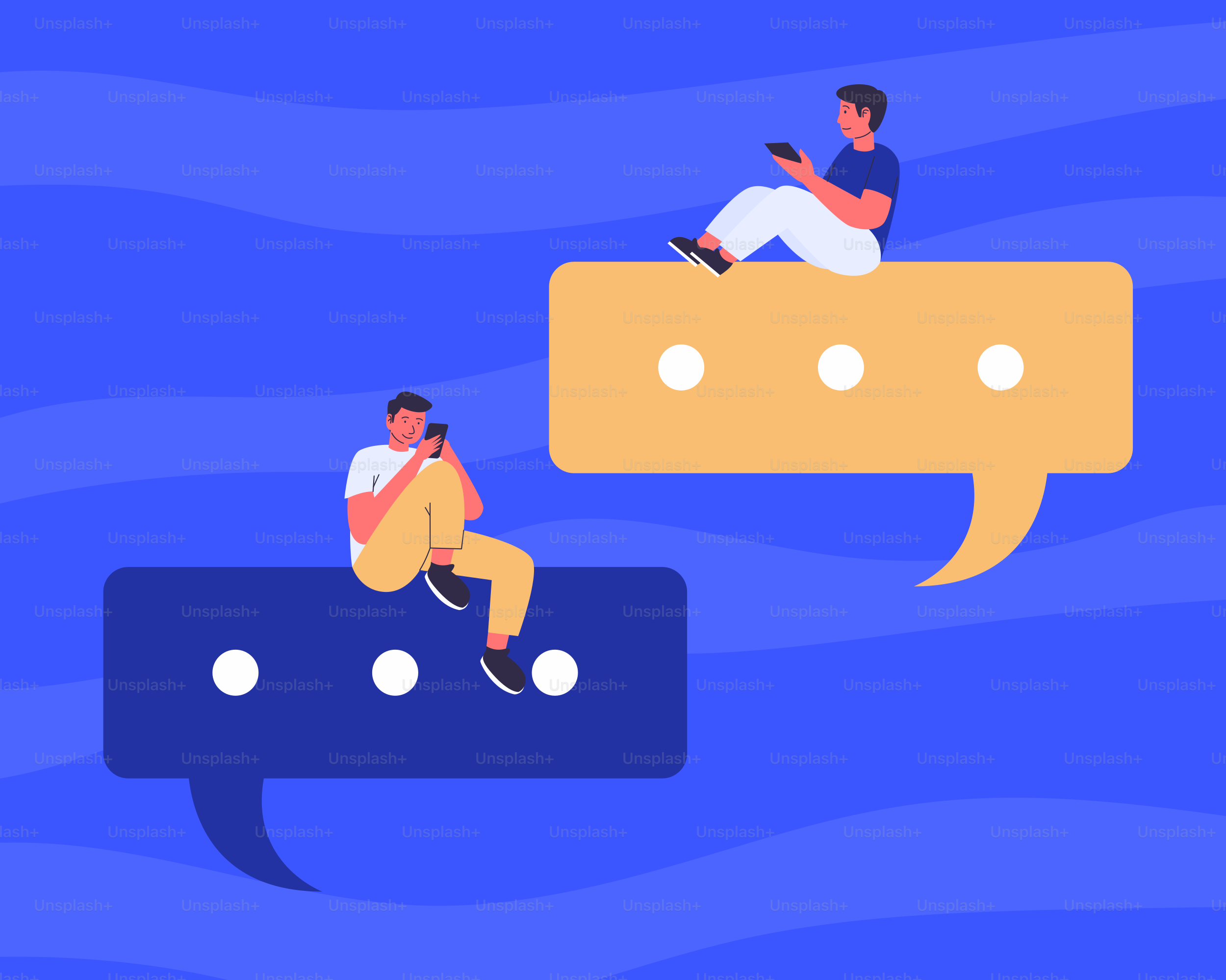 스마트폰을 사용하여 말풍선에 있는 두 남자