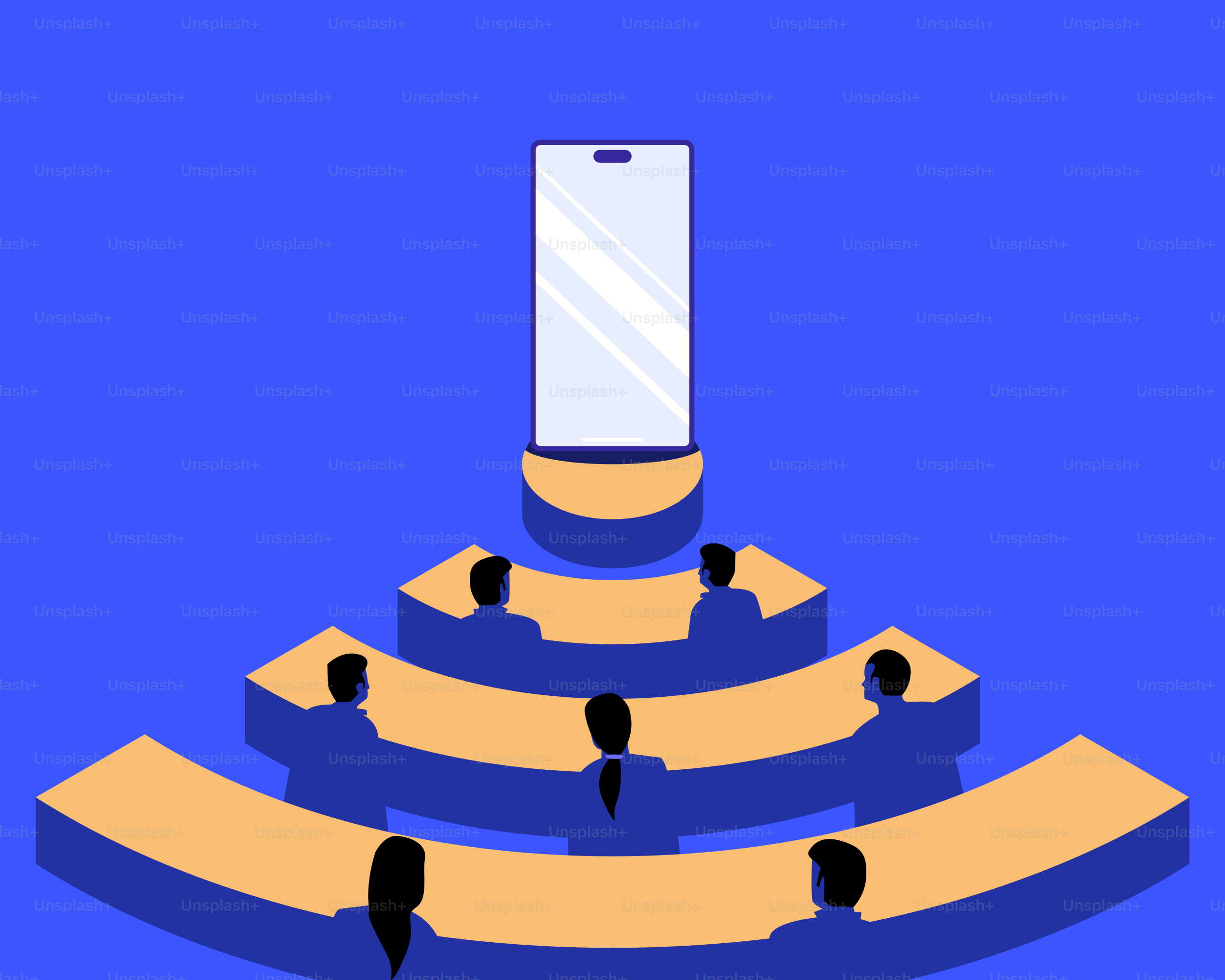 People gathered around a large smartphone in an auditorium.