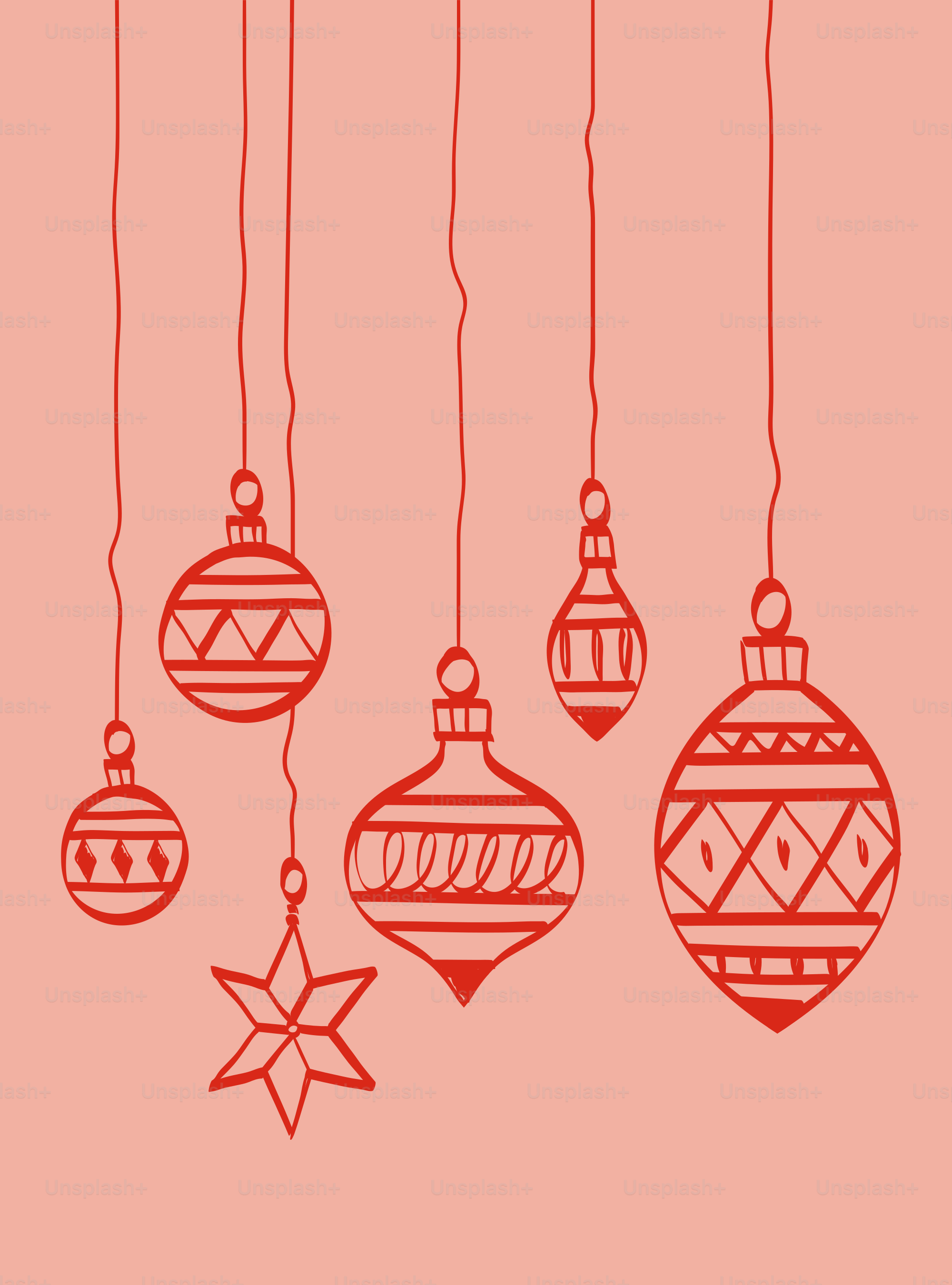 Hand-drawn christmas ornaments hanging on strings
