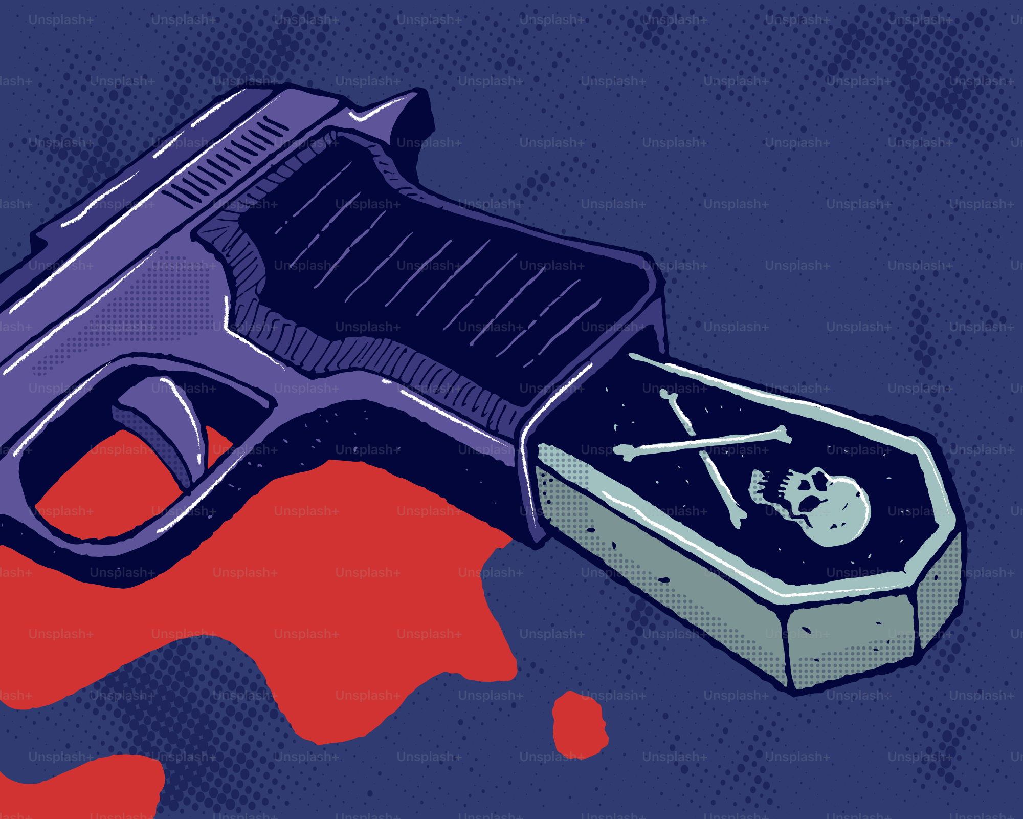 Pistolet avec chargeur en forme de cercueil et éclaboussures de sang