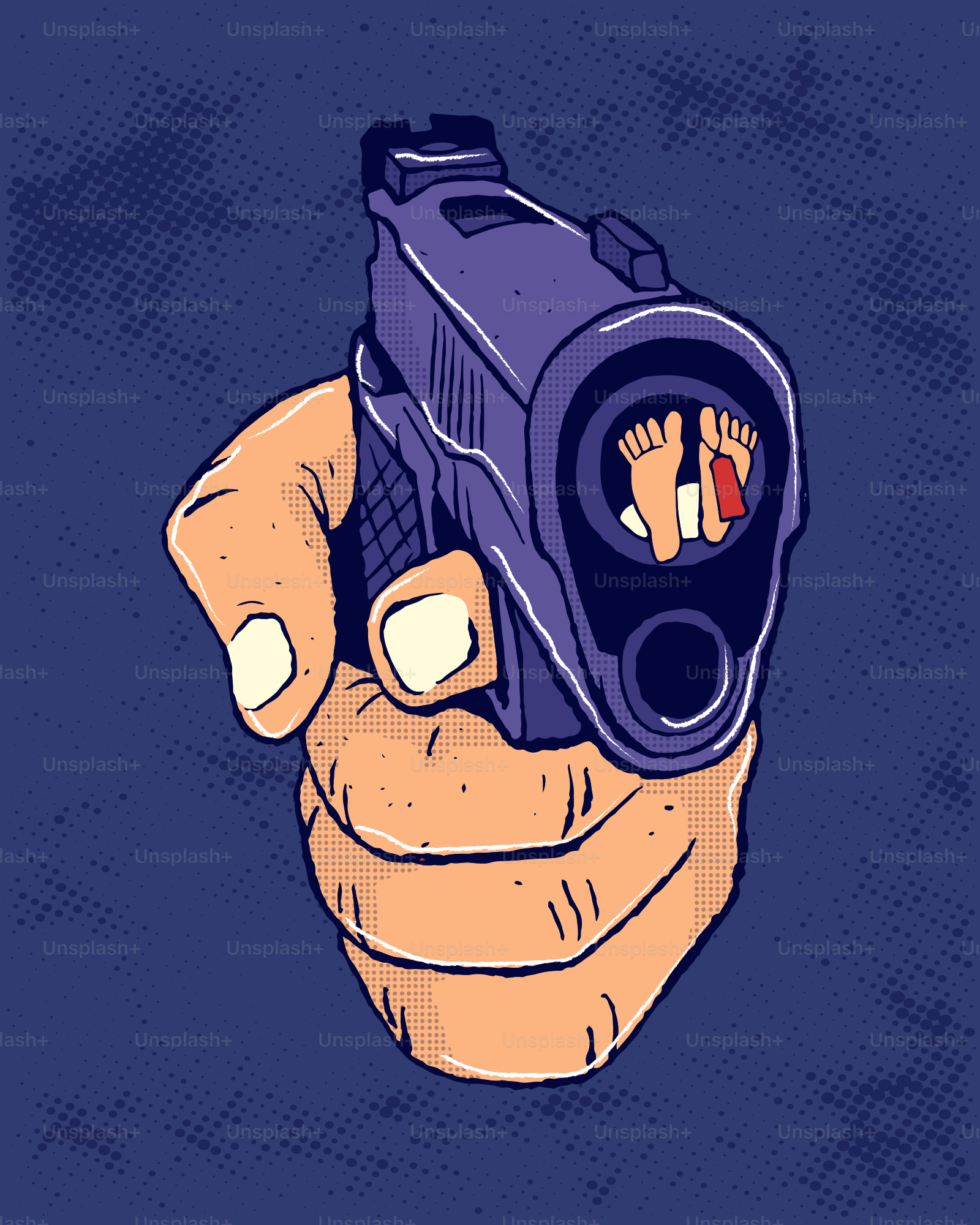 Gun barrel view of bound feet and hands