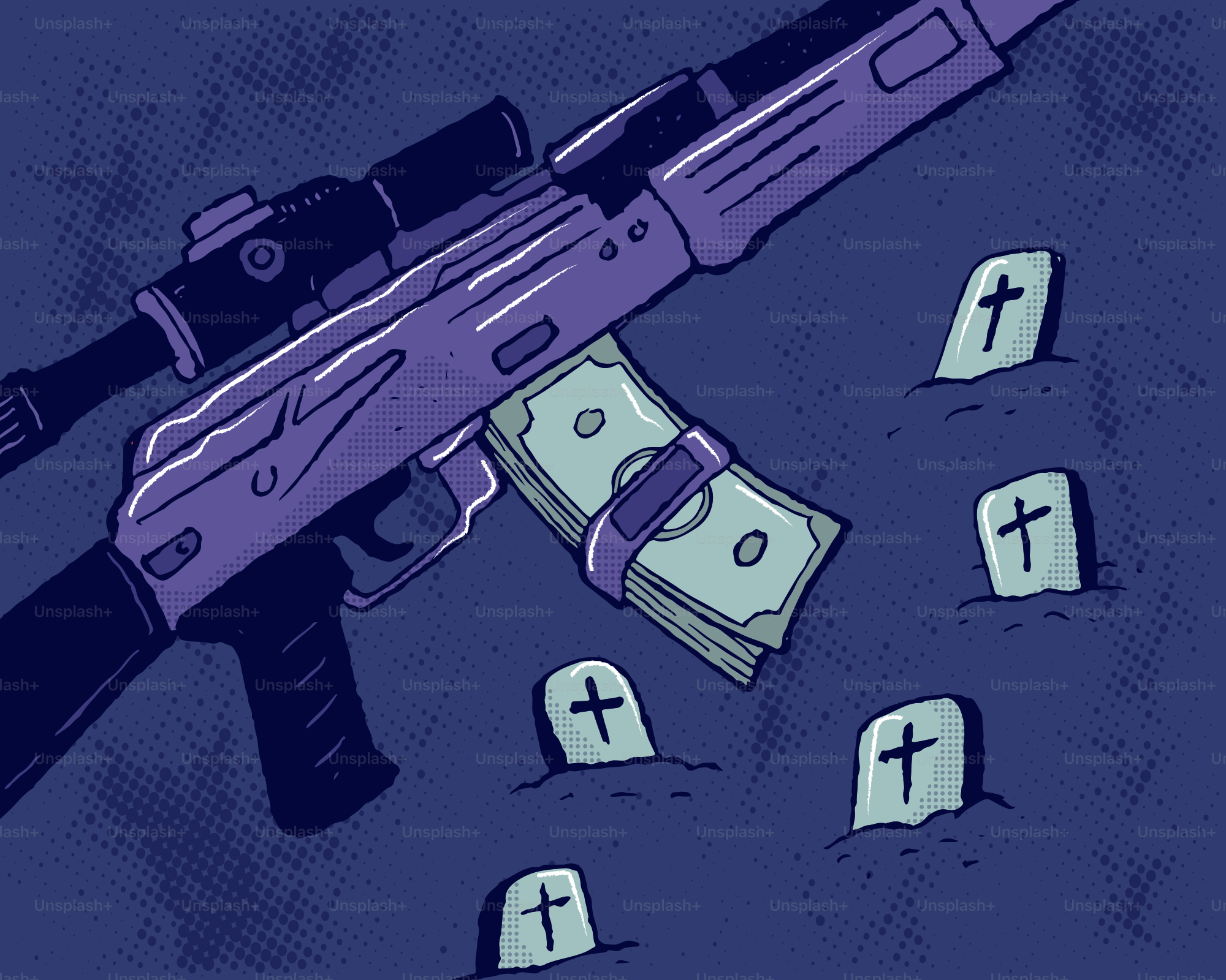 Gewehr mit Geld im Magazin, umgeben von Grabsteinen