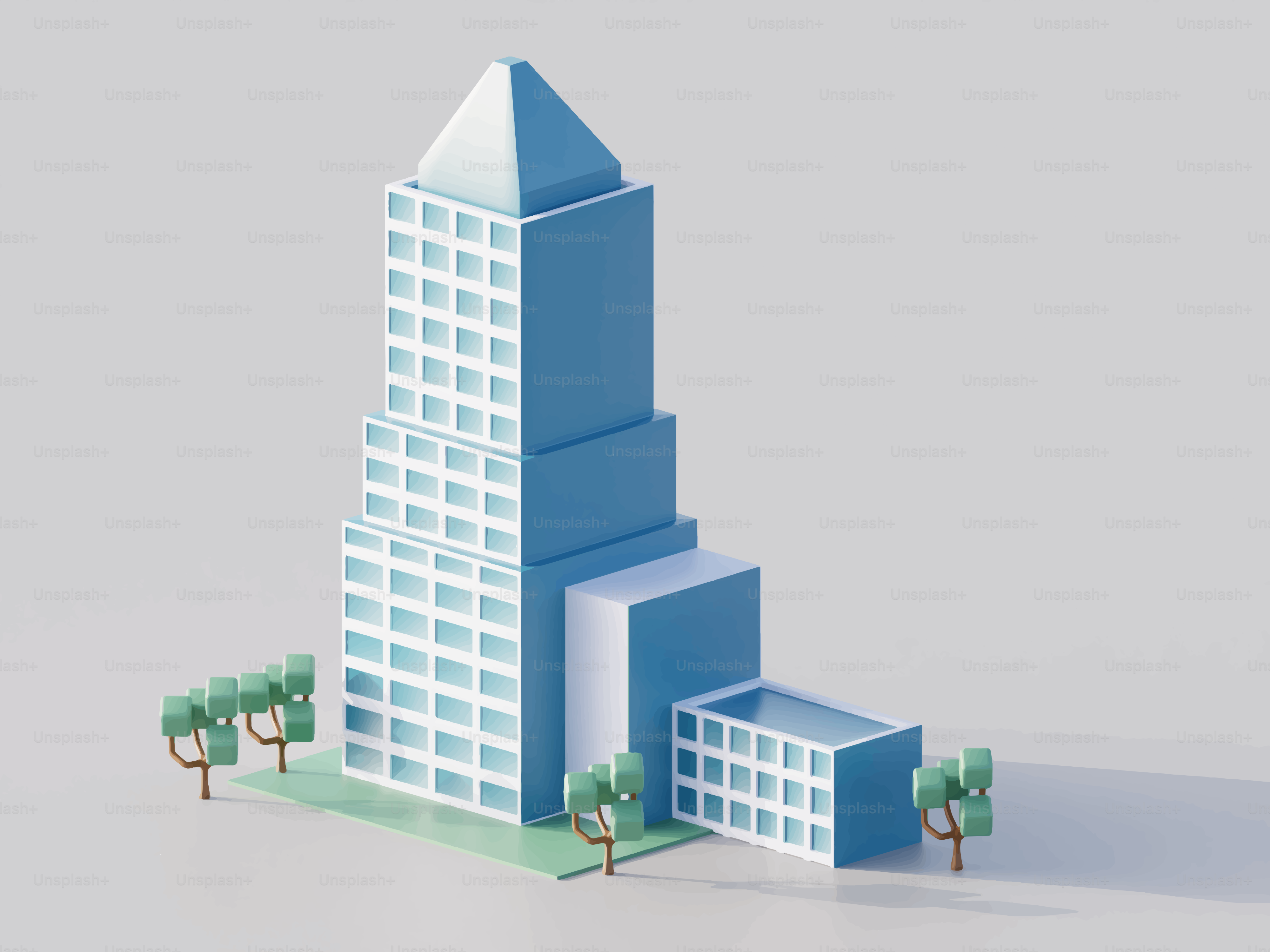 Un gratte-ciel bleu moderne avec des arbres et de l’herbe