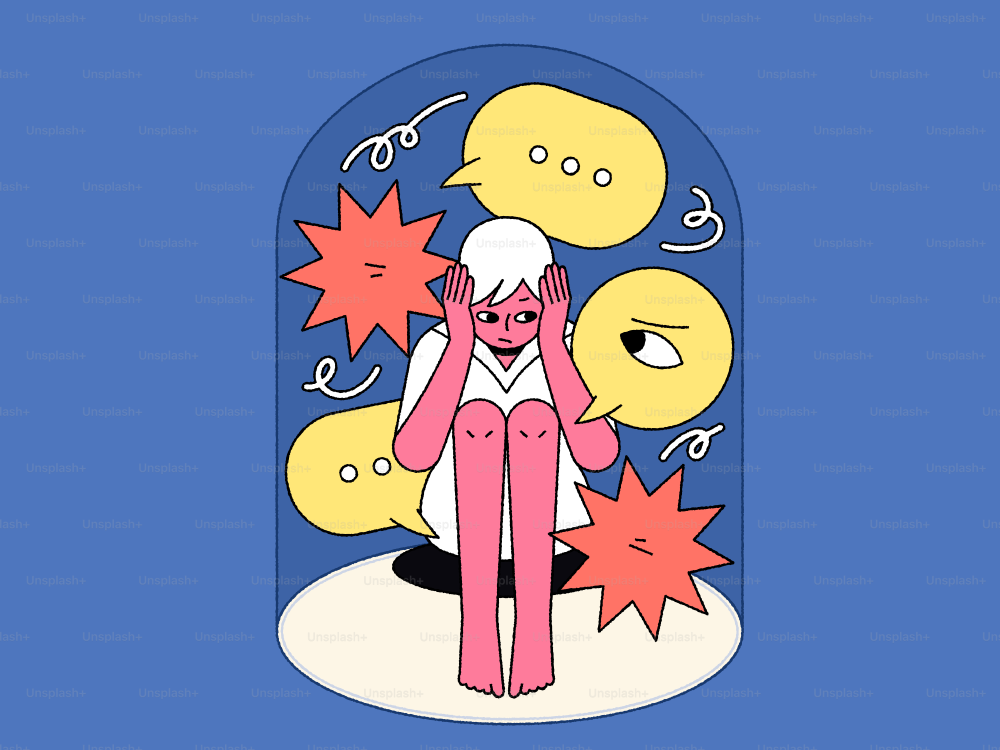 Person overwhelmed by buzzing speech bubbles and angry stars