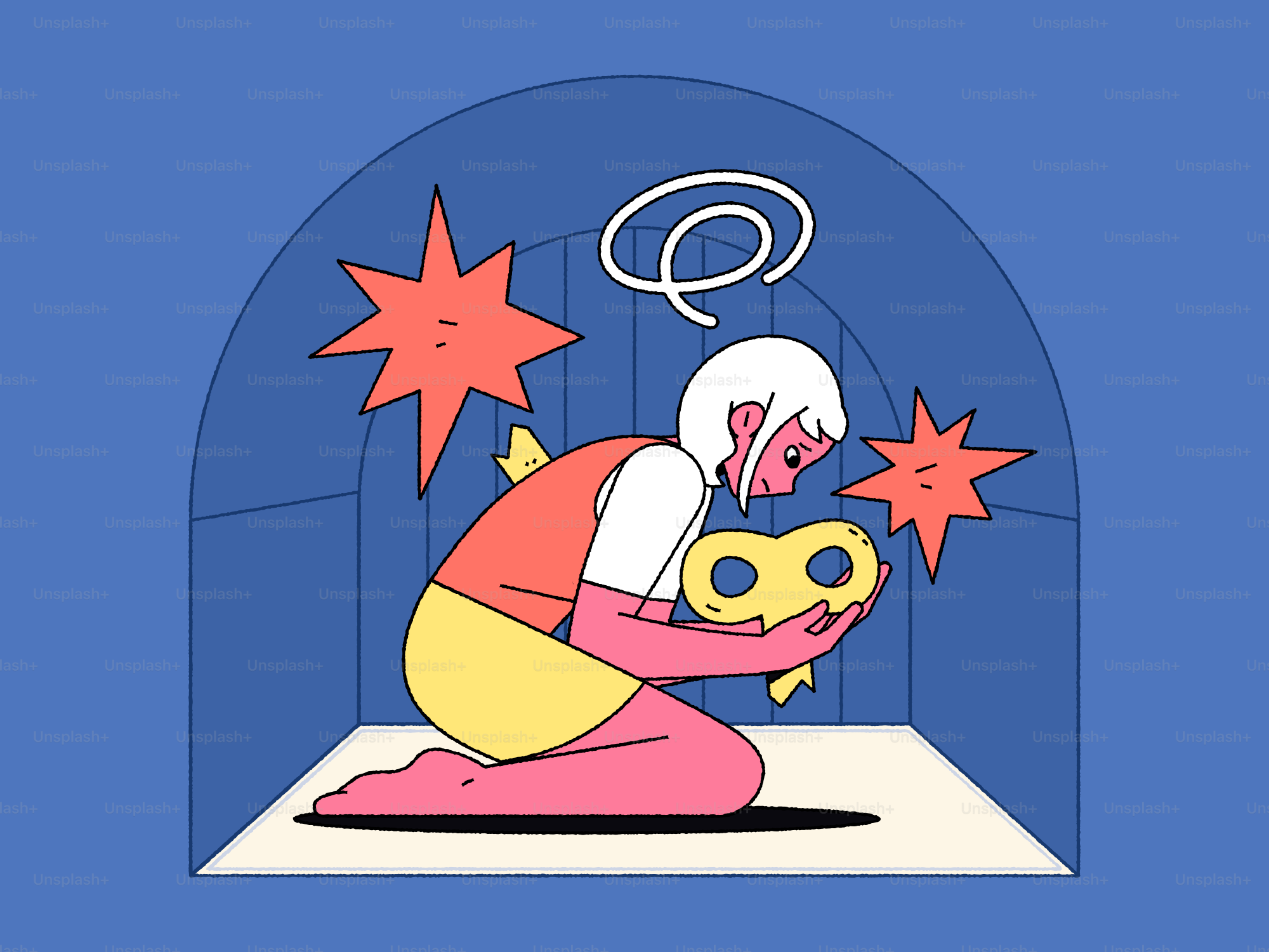 Woman winding a large key with stars around her