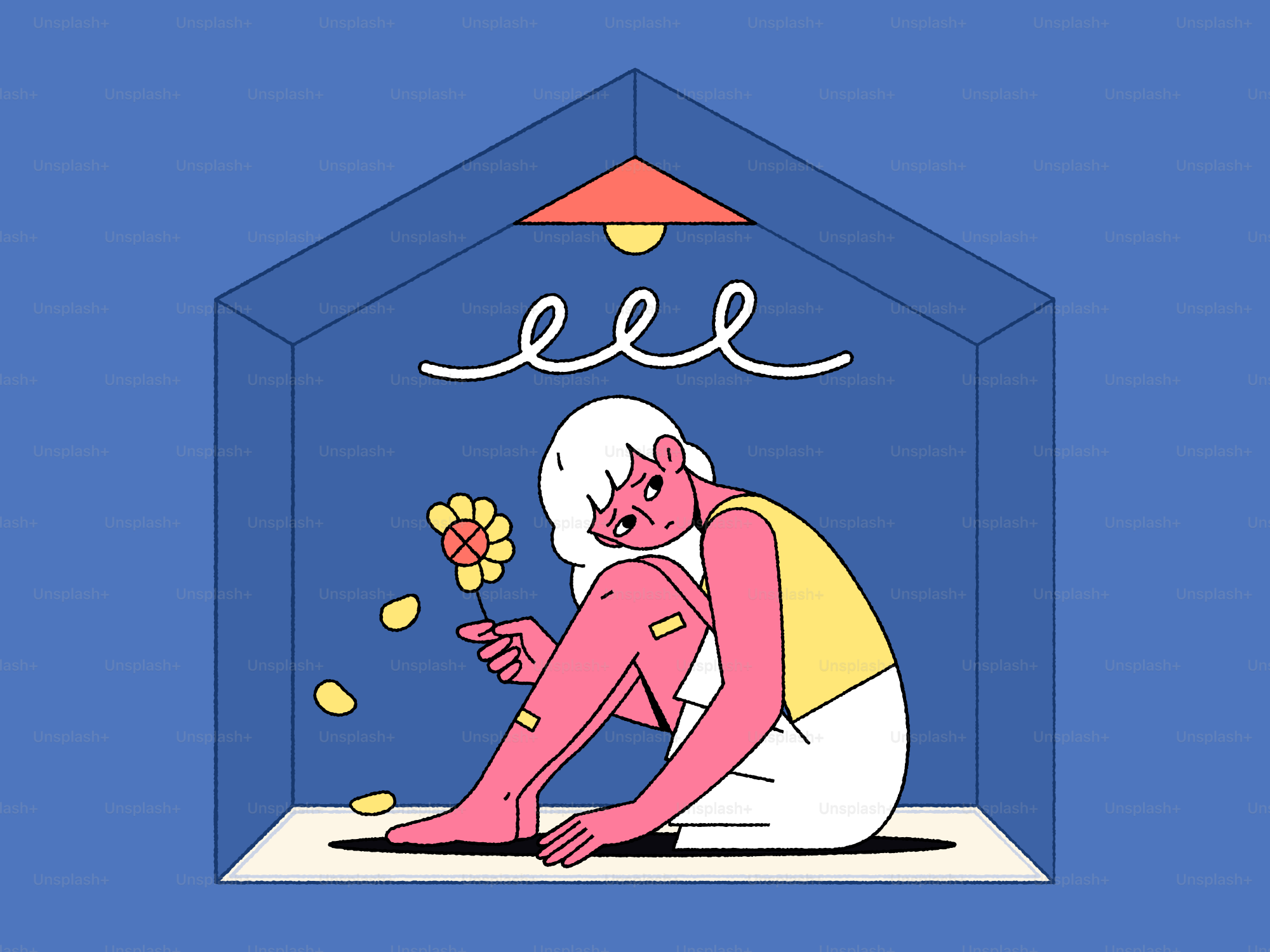 Woman sitting inside a house holding a flower.