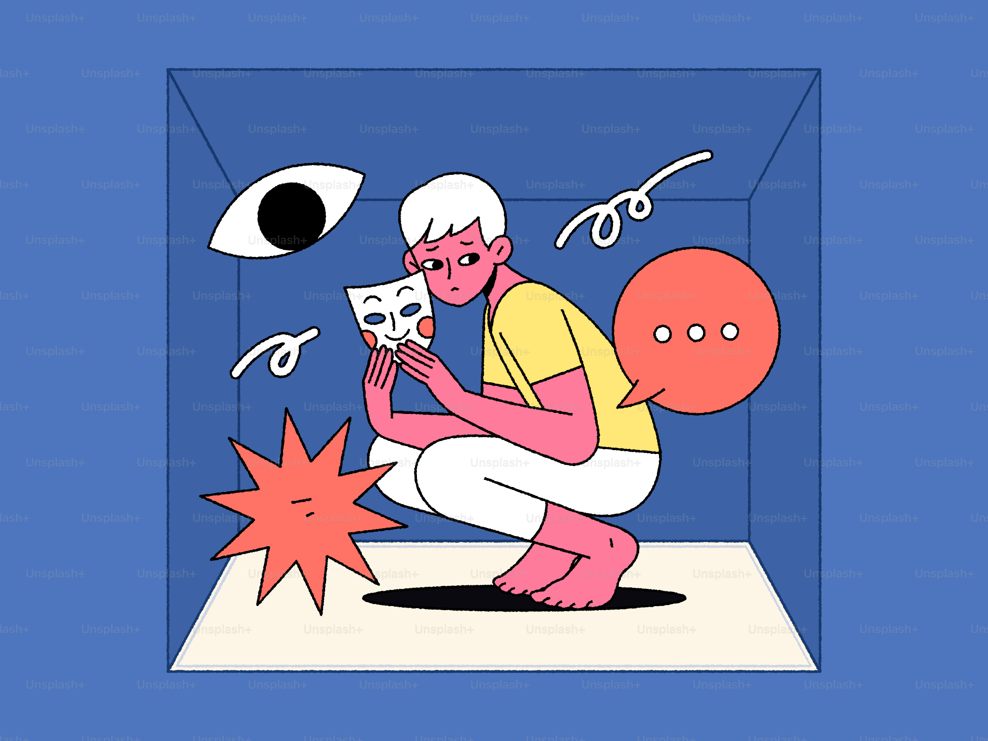 Person holding a mask inside a blue box.