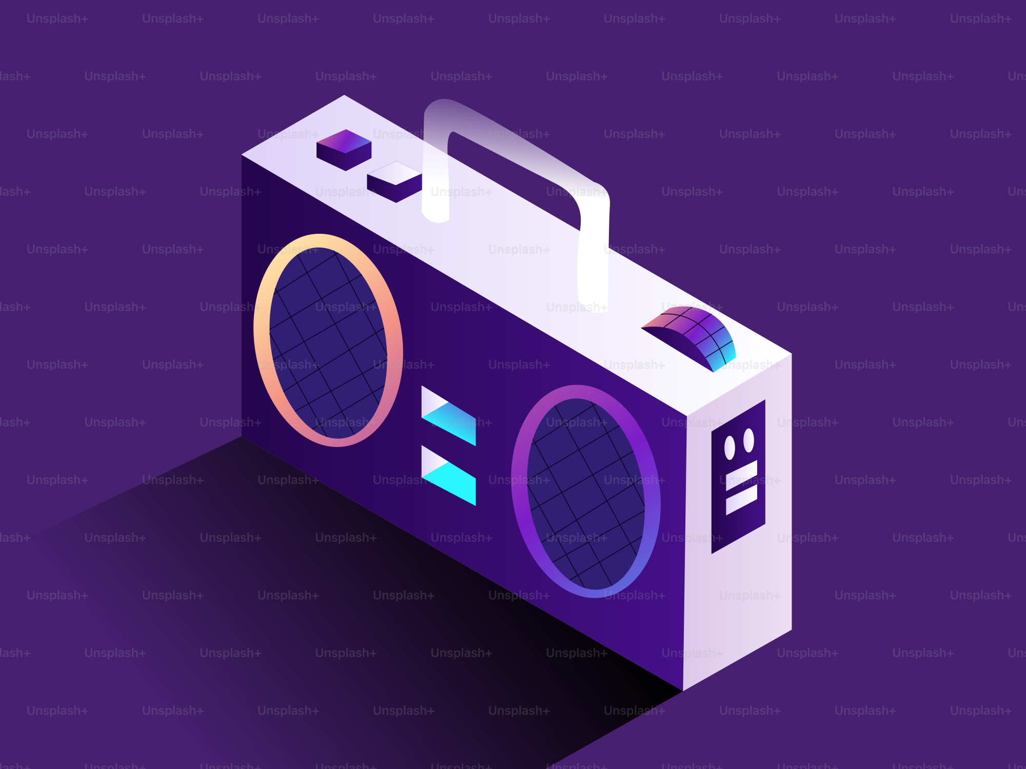 Boombox isometrico con altoparlanti colorati su sfondo viola