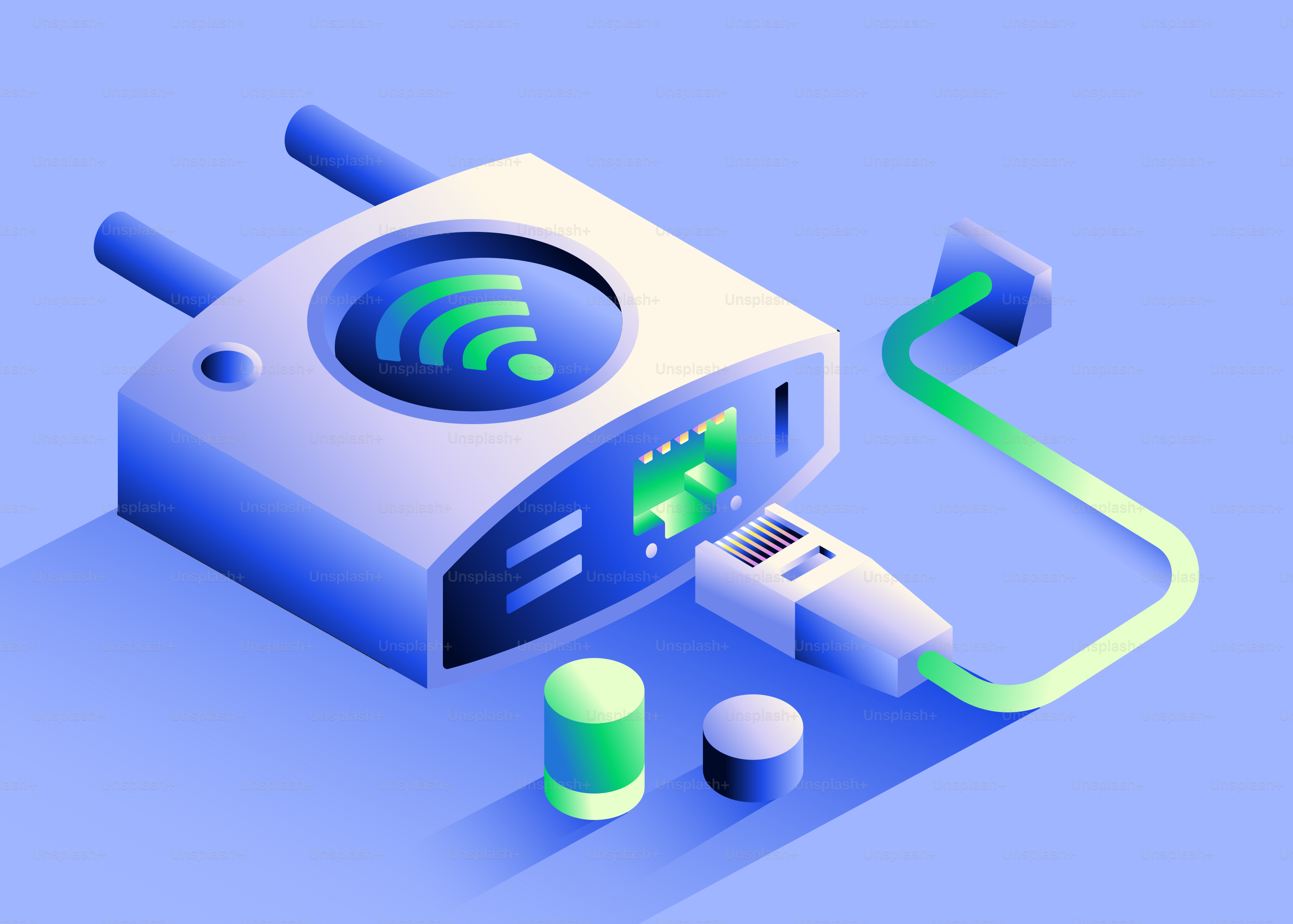 Wireless router with connected ethernet cable and indicator lights