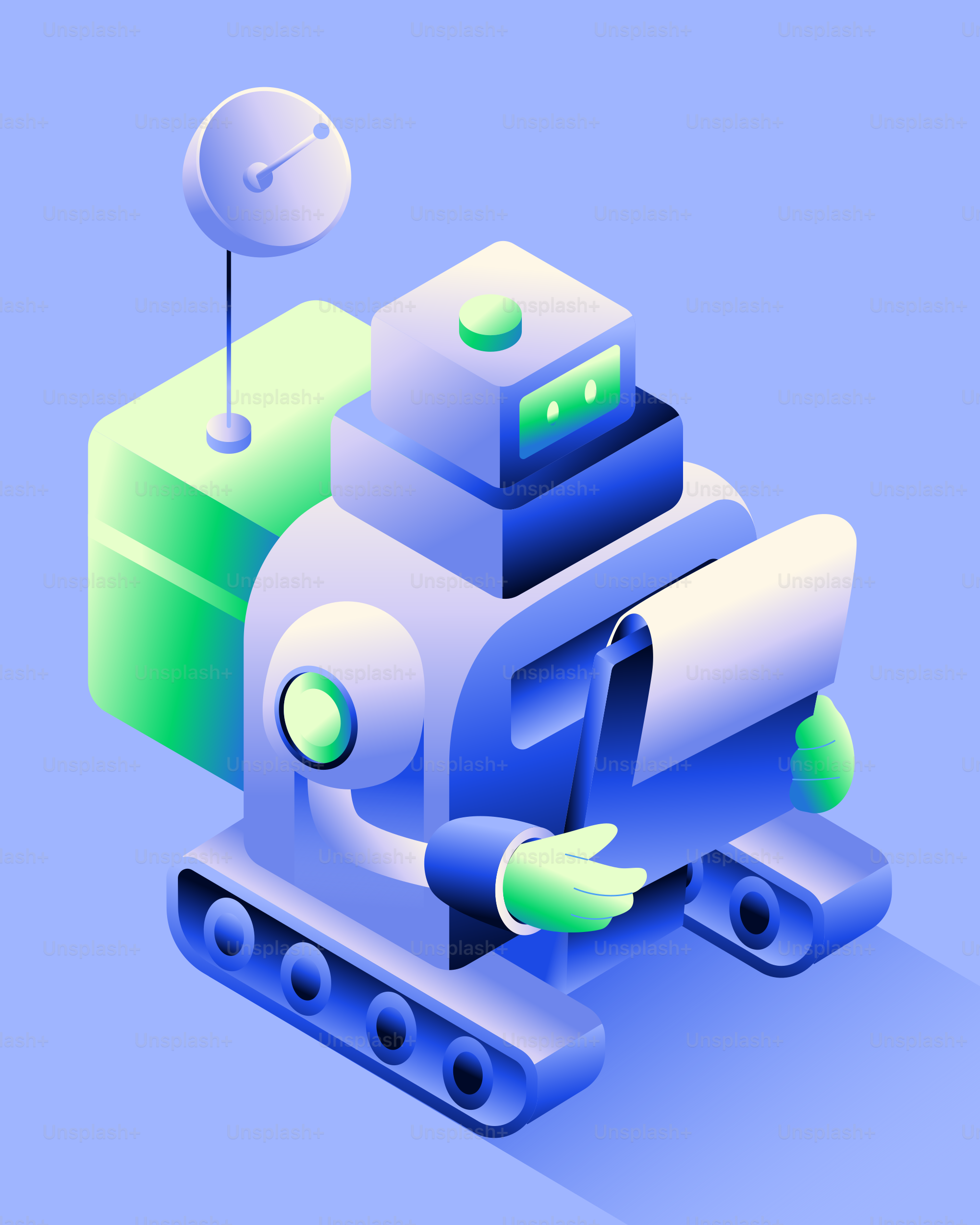 A robot with a green box and antenna reads document