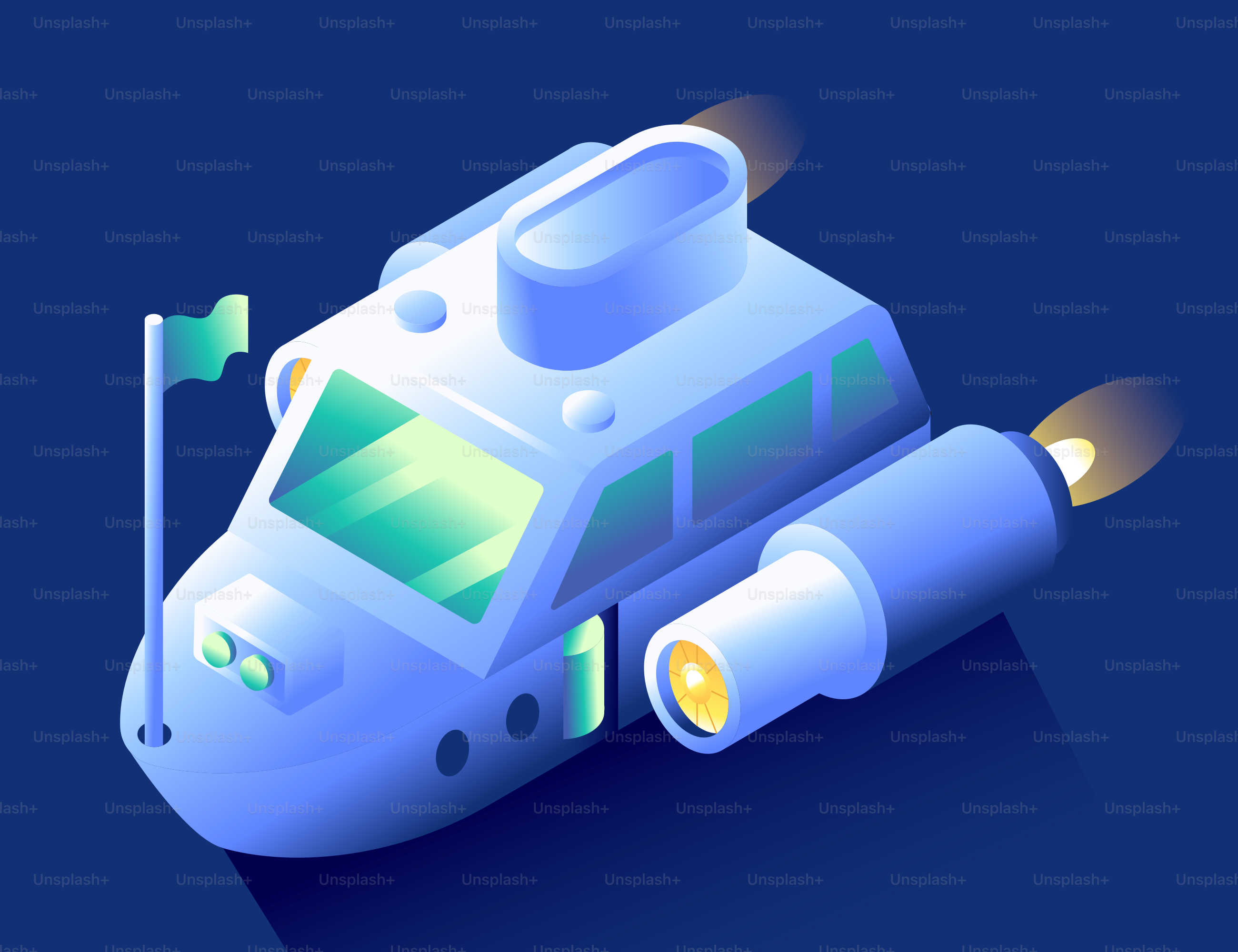 Sous-marin futuriste avec lumières lumineuses et drapeau