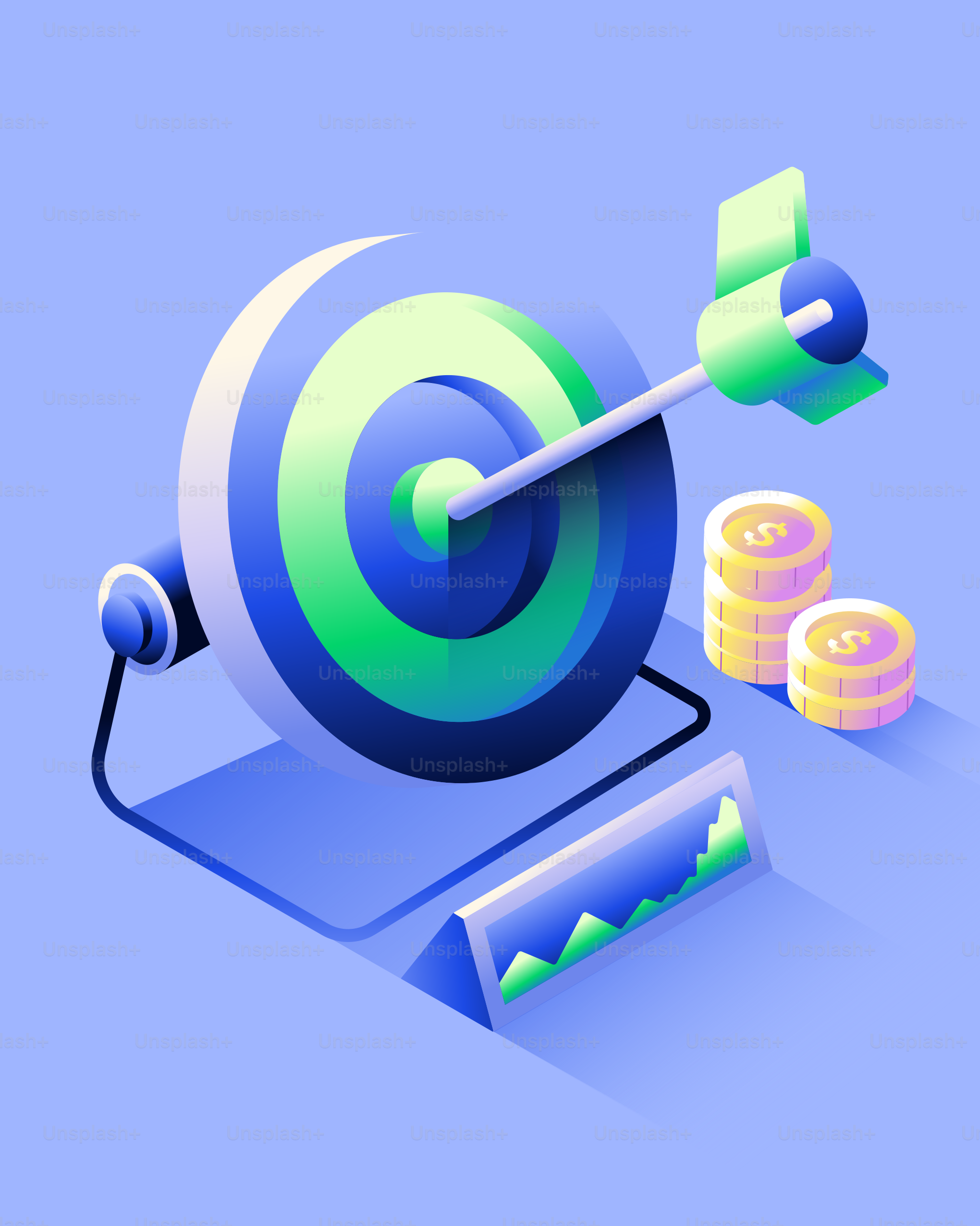 Target with arrow, coins, and financial graph