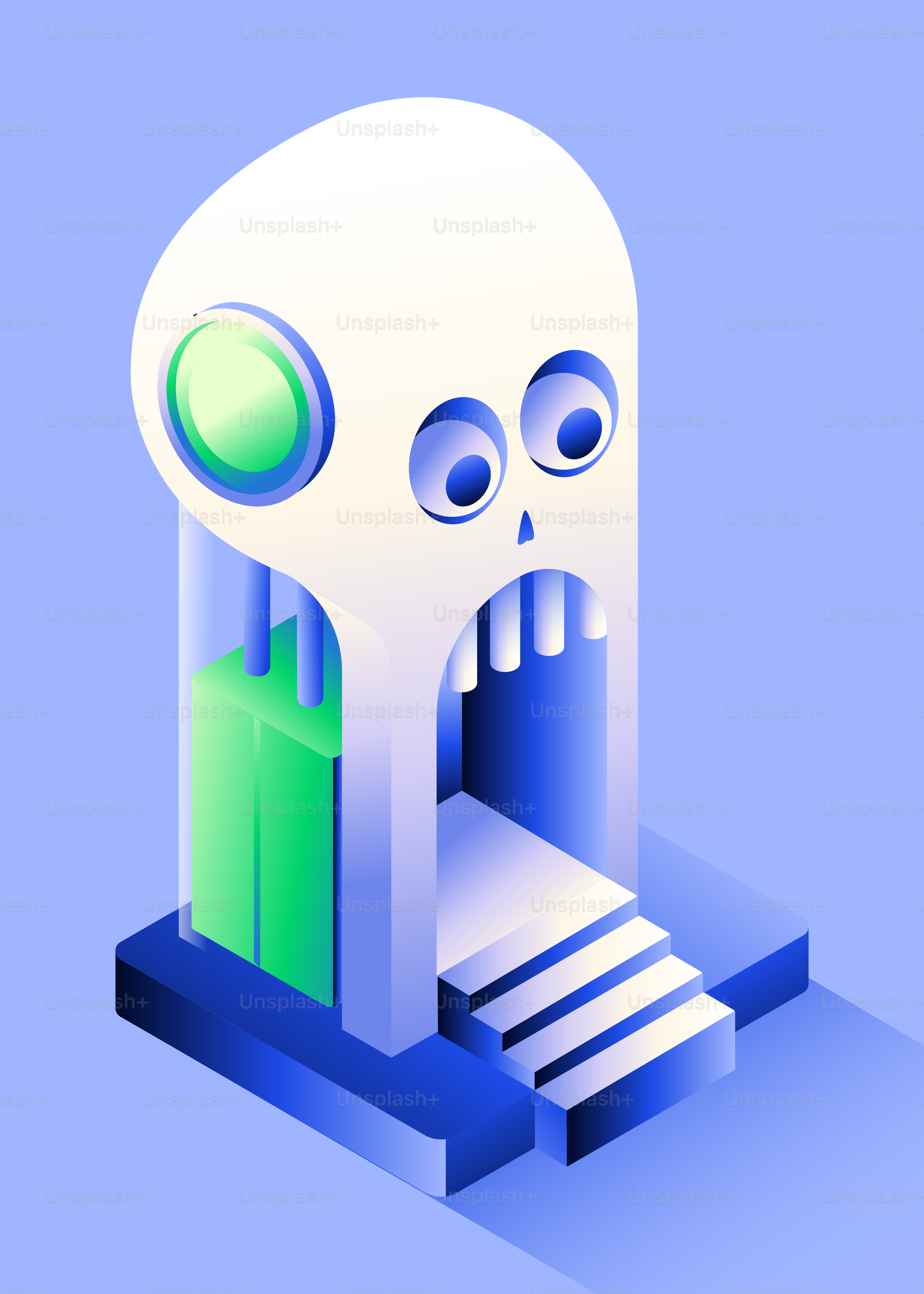 Stylized skull structure with stairs and green blocks
