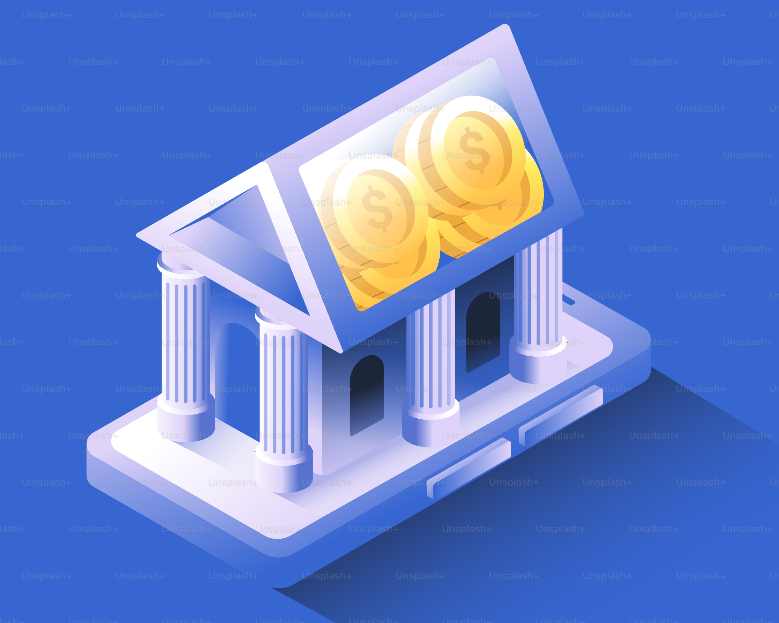 Digital bank building with coins on screen.