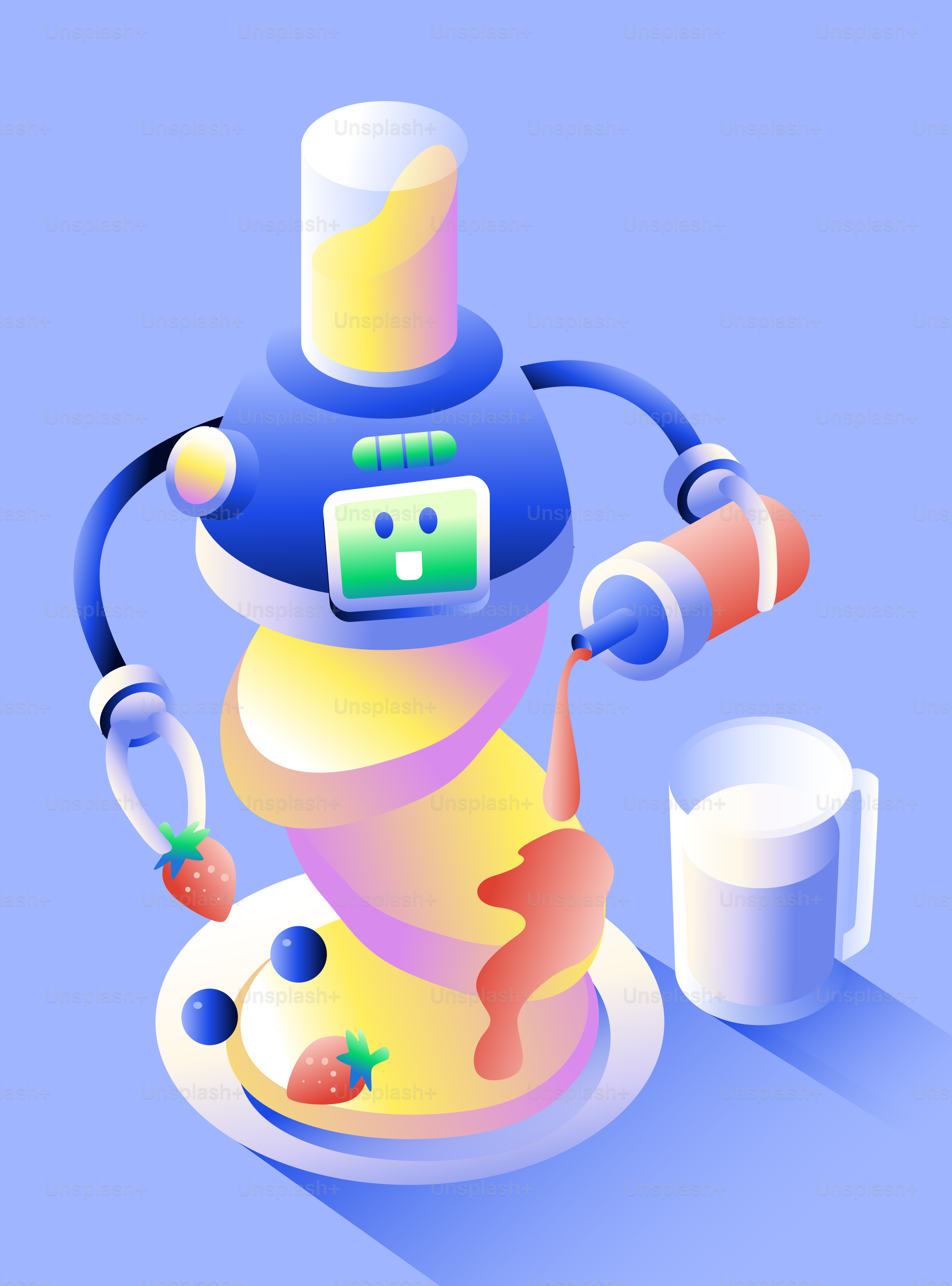 Robot making pancakes with berries and syrup