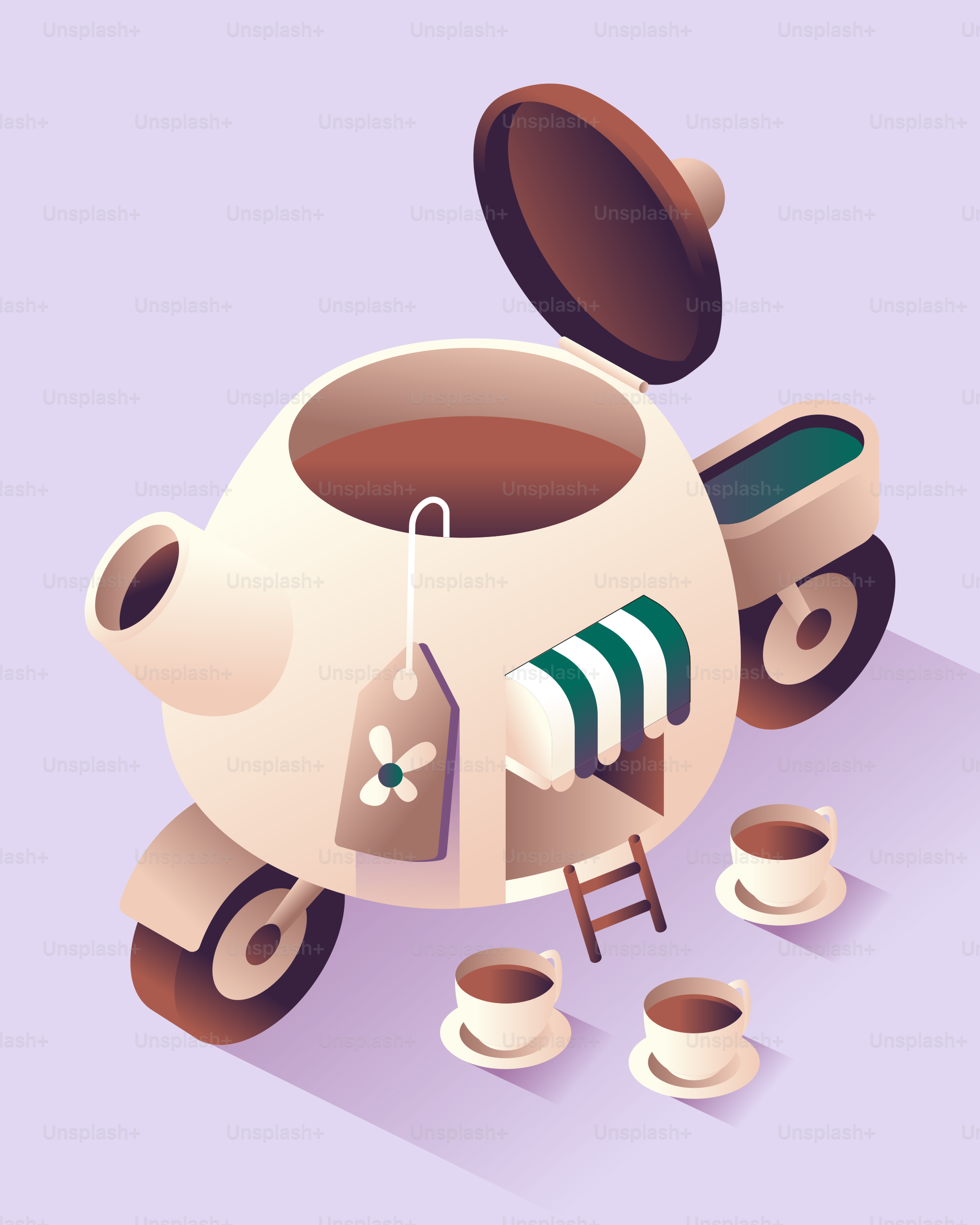 Teapot shaped vehicle with teacups and a ladder