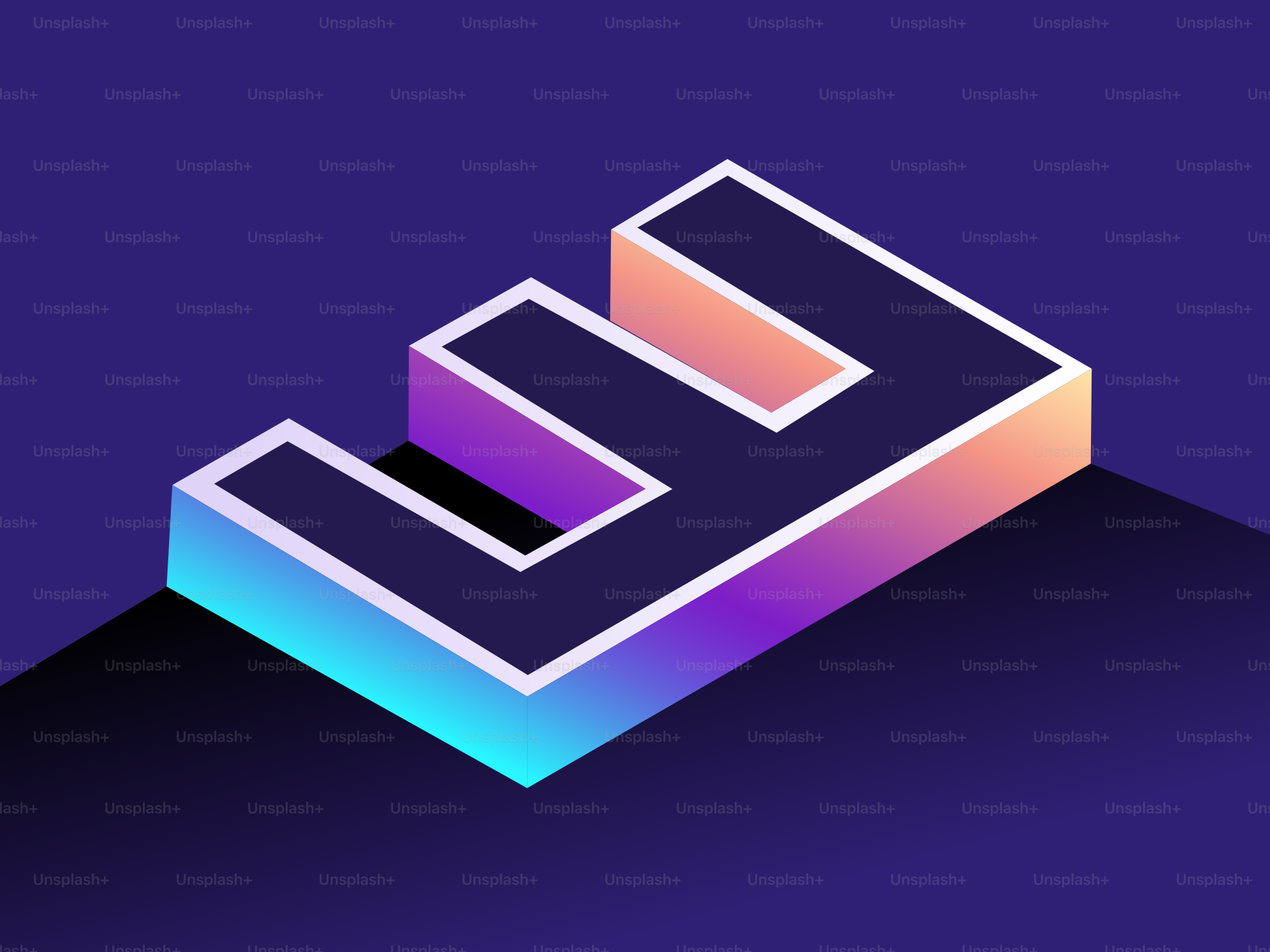 Isometrischer Buchstabe e mit bunter Verlaufsbeleuchtung