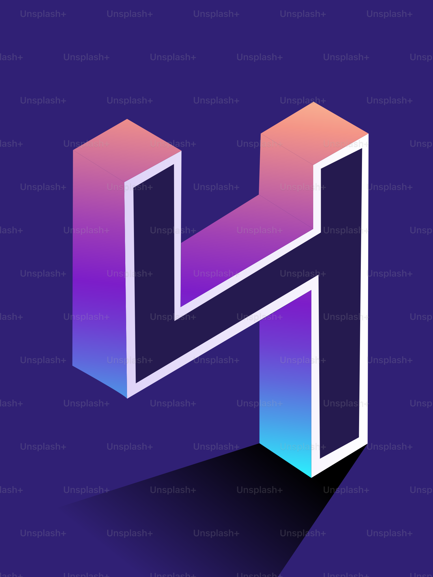 紫の背景にグラデーションのある等長投影の文字hです