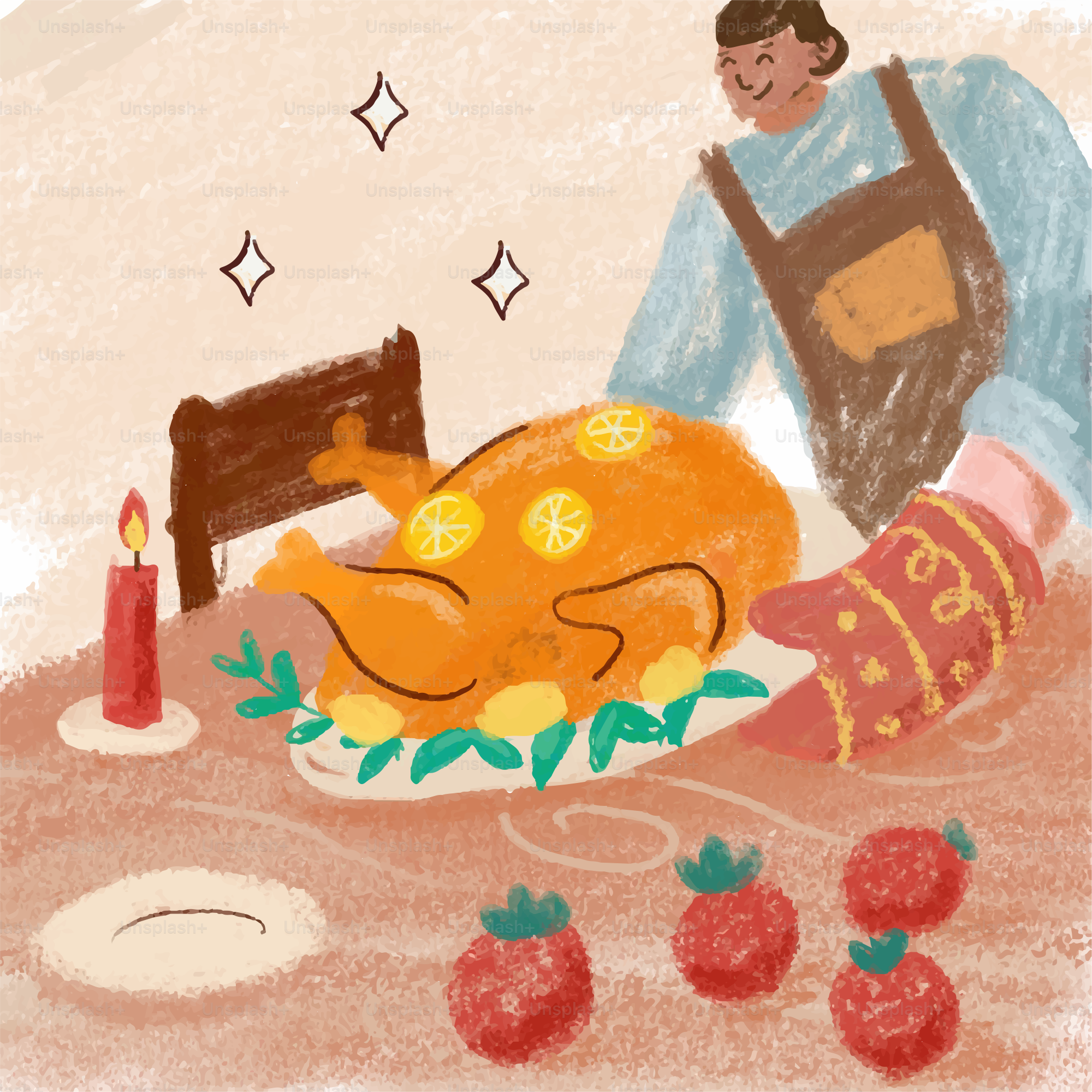 A person presents a roasted chicken with lemons.