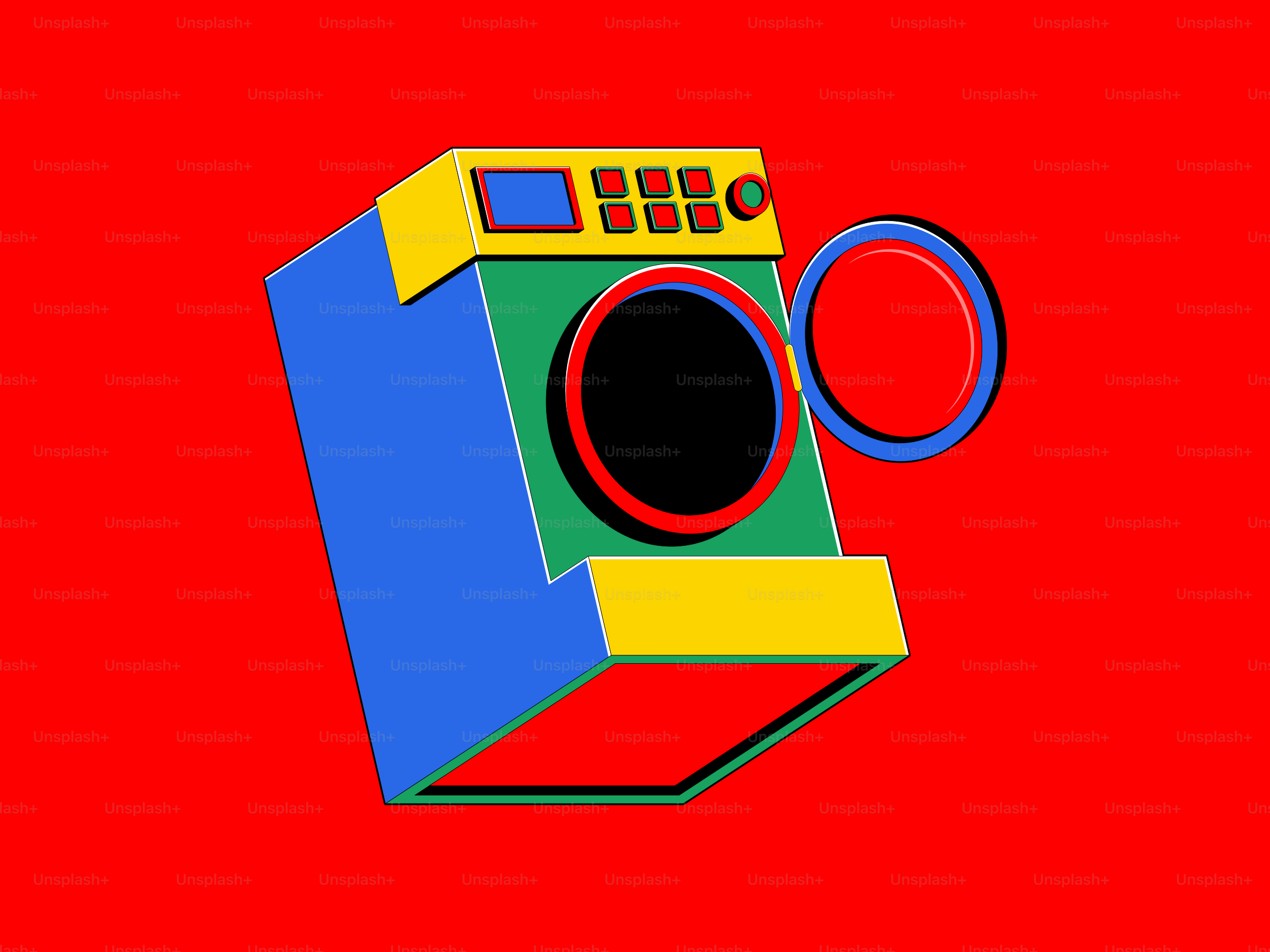 A colorful washing machine on a red background