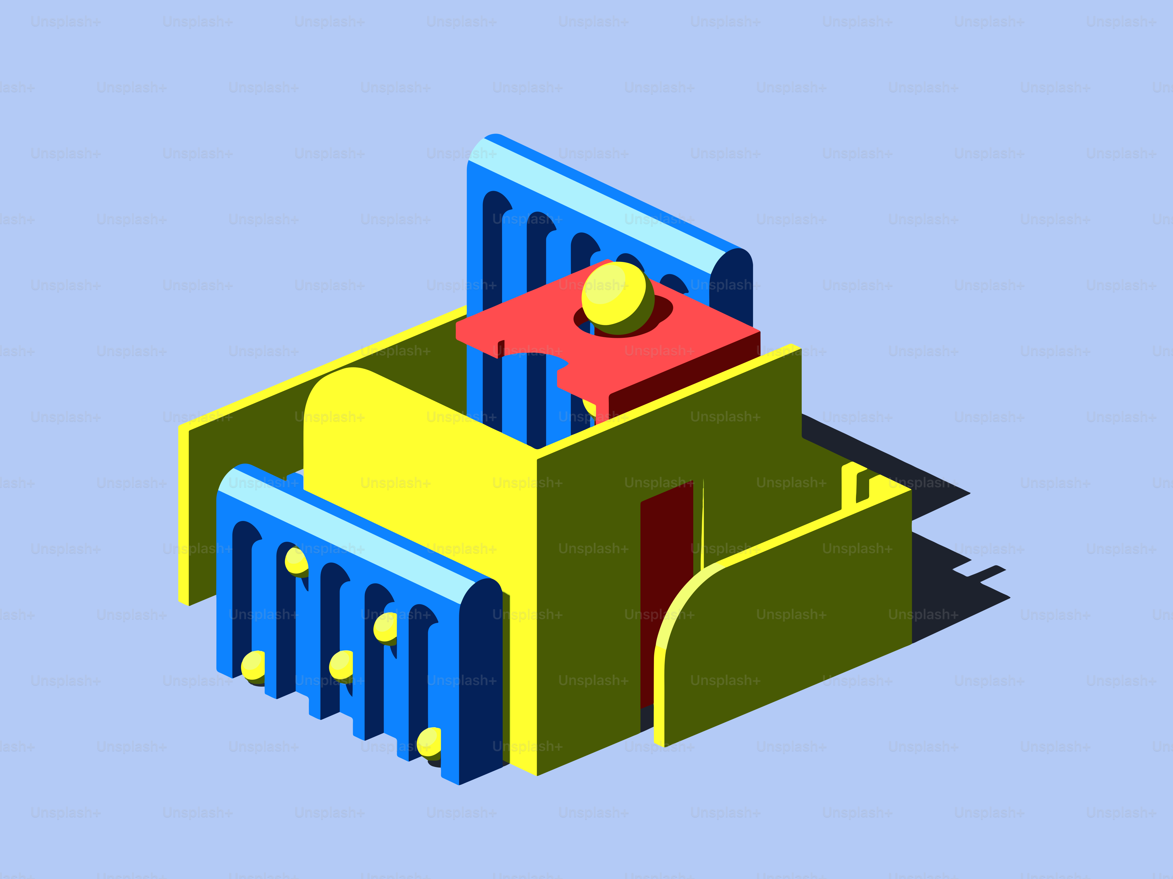 Abstraktes buntes Gebäude mit blauen, gelben und roten Elementen.