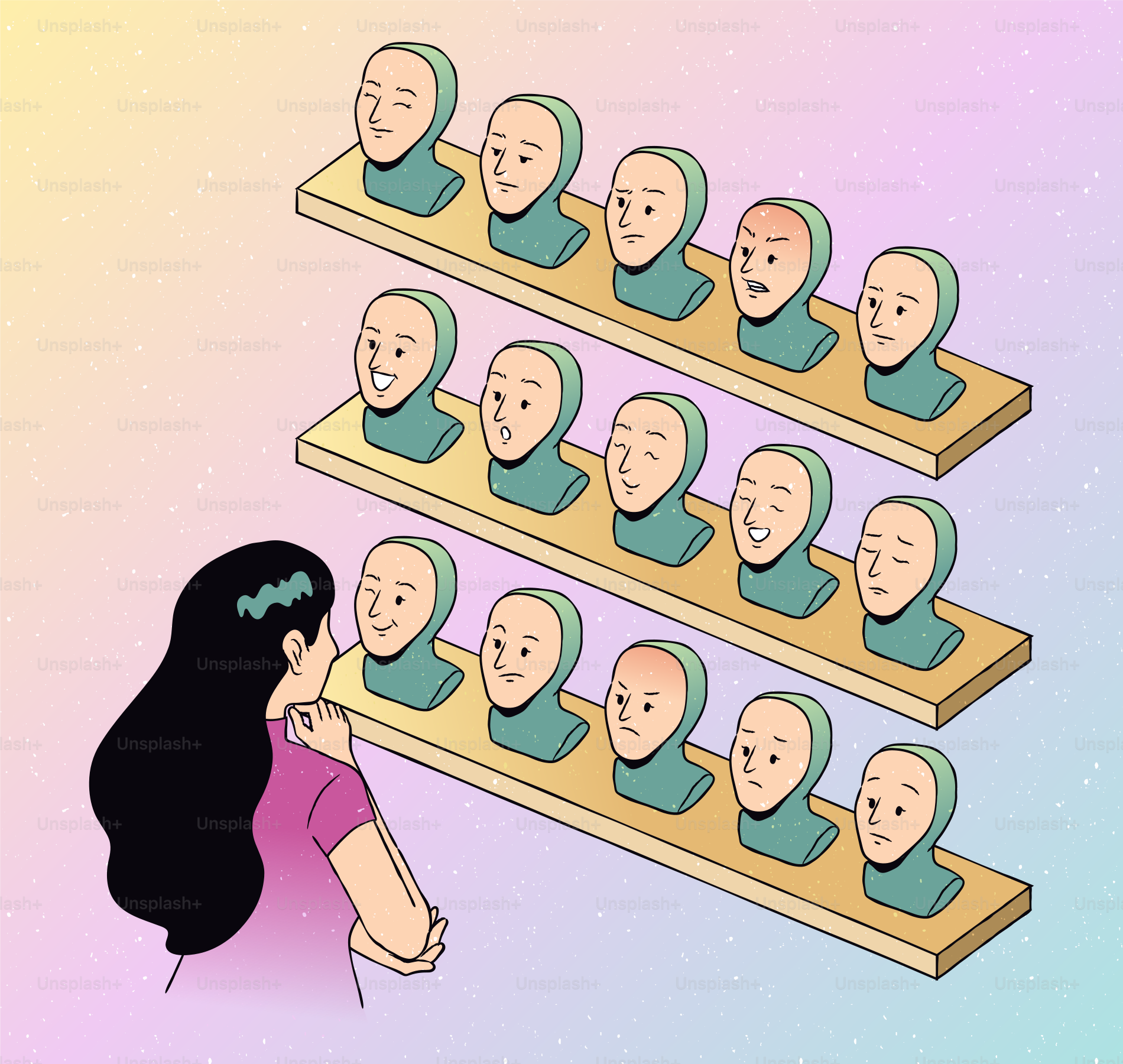 Woman looks at display of diverse facial expressions