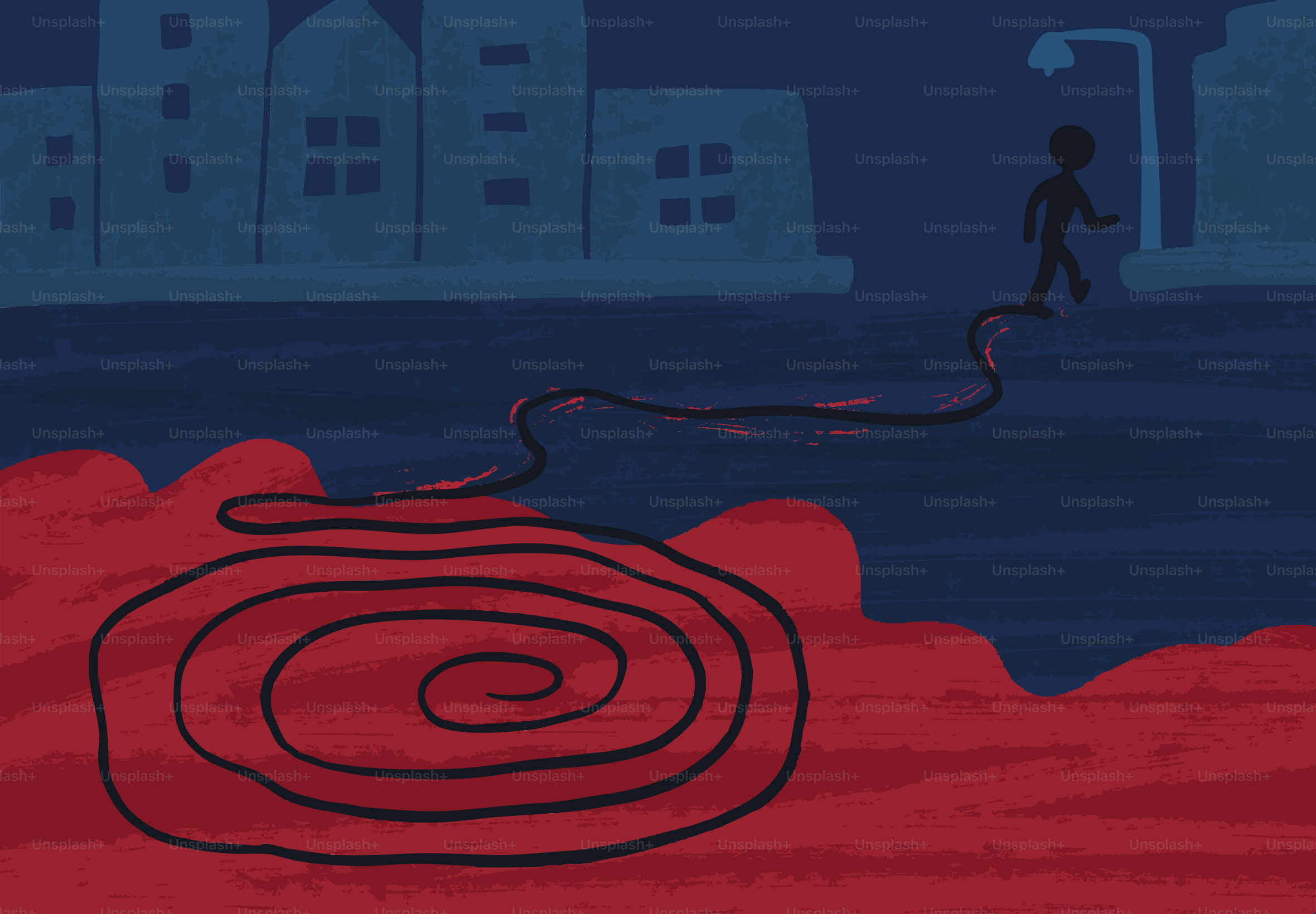 Silhouette of person walking away from red spiral.