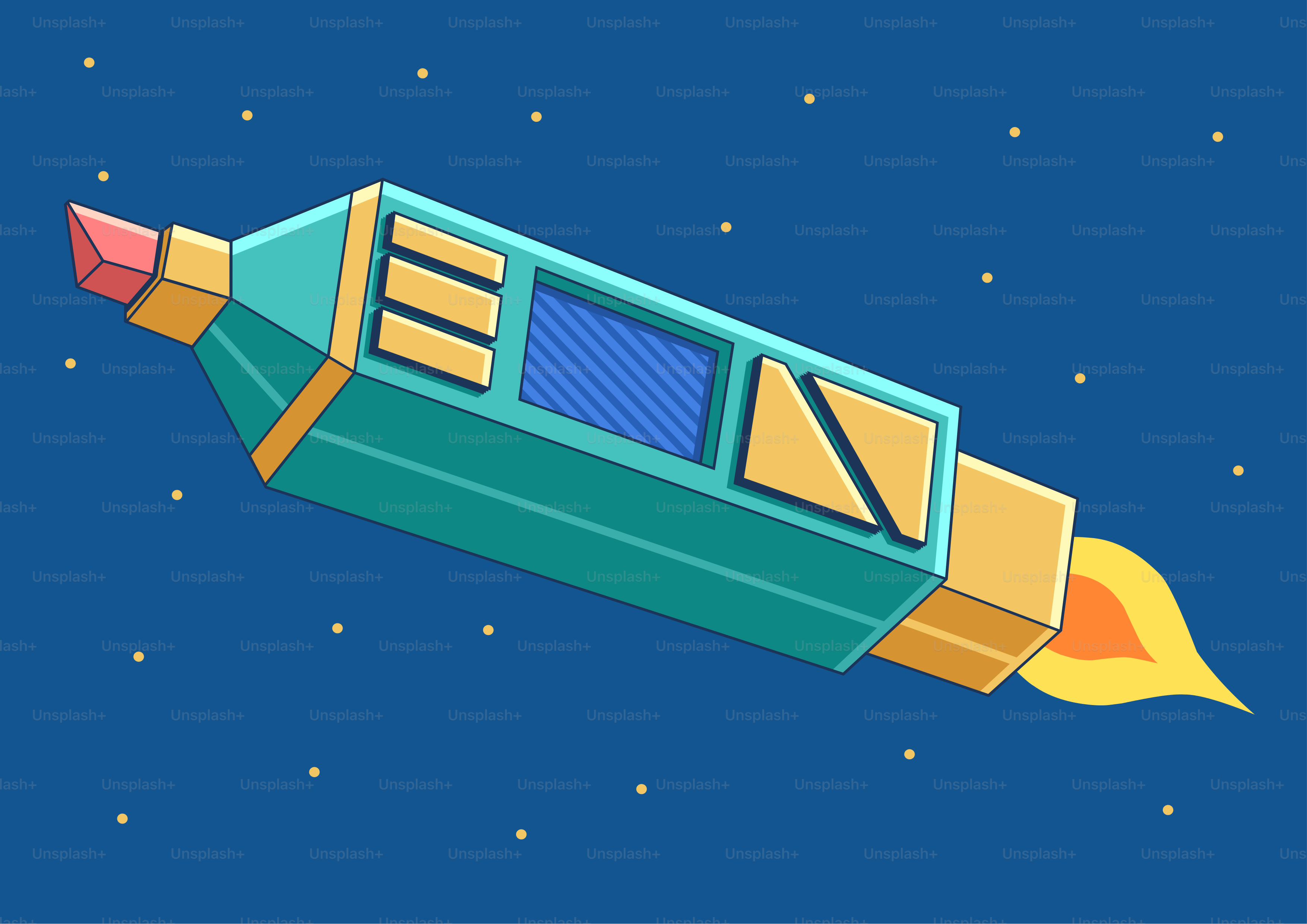 A teal marker shaped like a rocket flies through space.