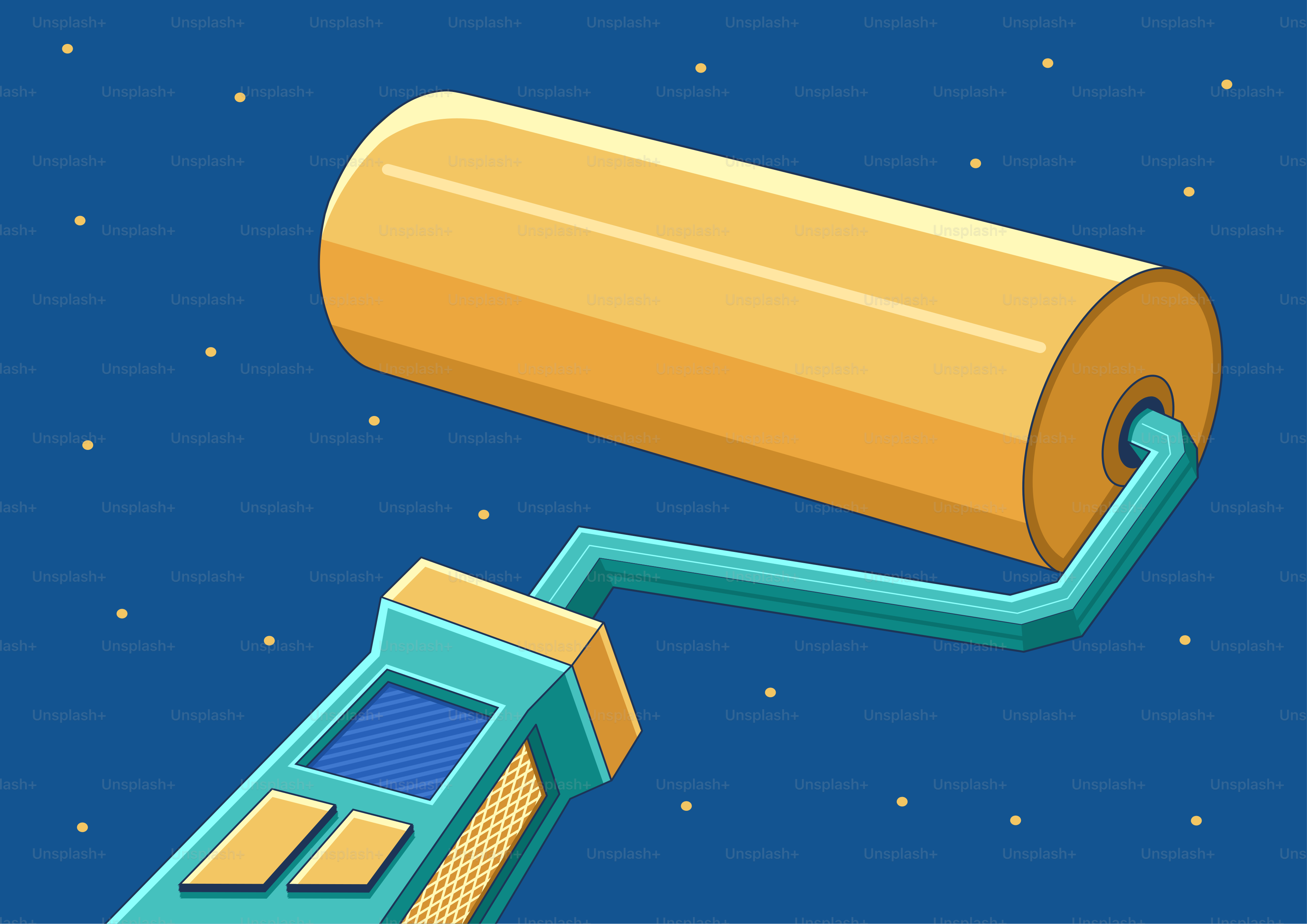 A yellow paint roller on a blue background