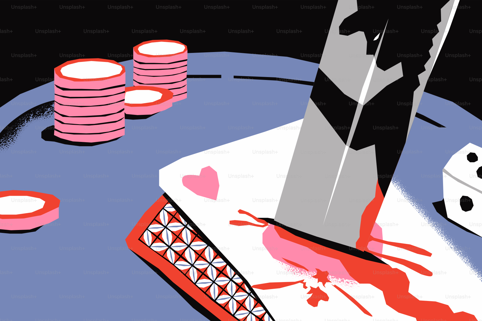 Couteau poignardant une carte à jouer sur une table de poker.