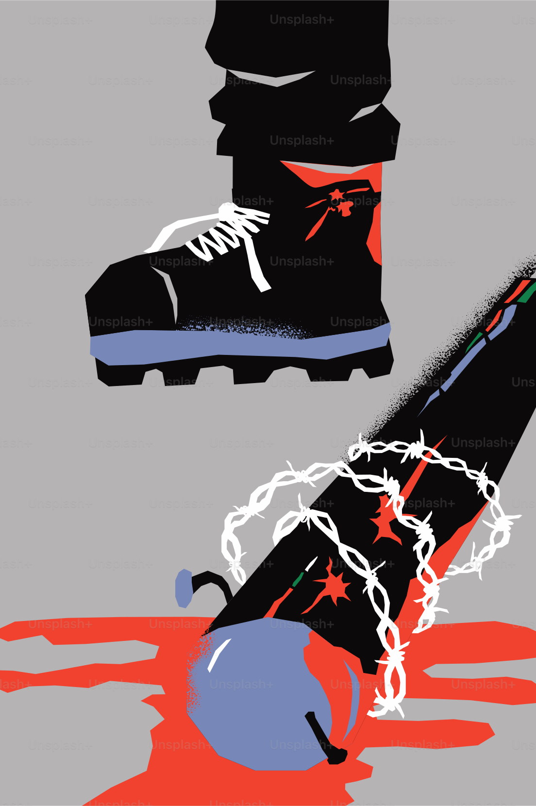 Ein Stiefel stampft auf einen mit Stacheldraht umwickelten Baseballschläger.