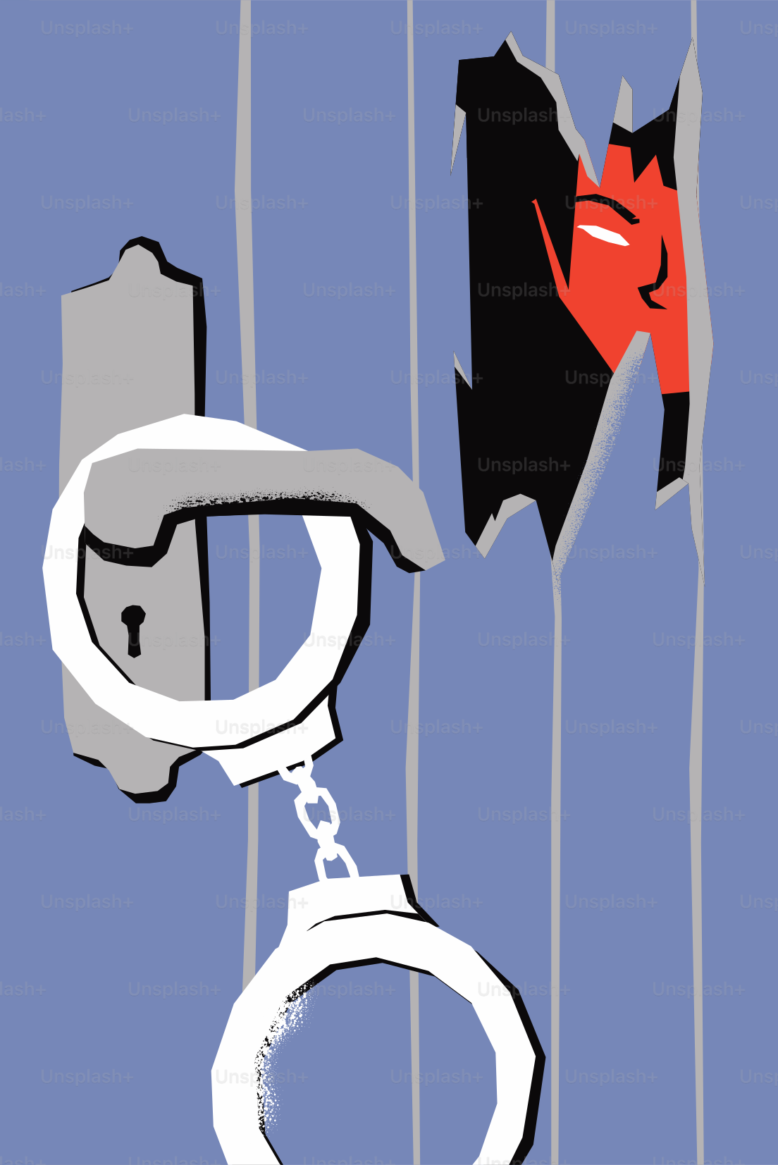 Handcuffs on a door handle with a person peering through.