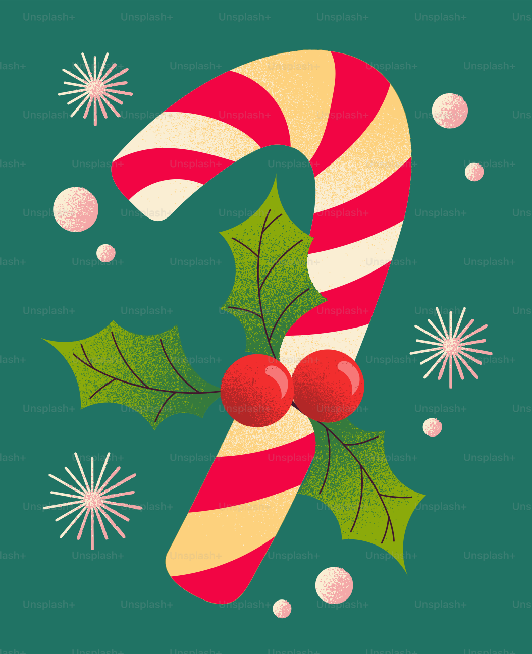 A candy cane with holly and berries