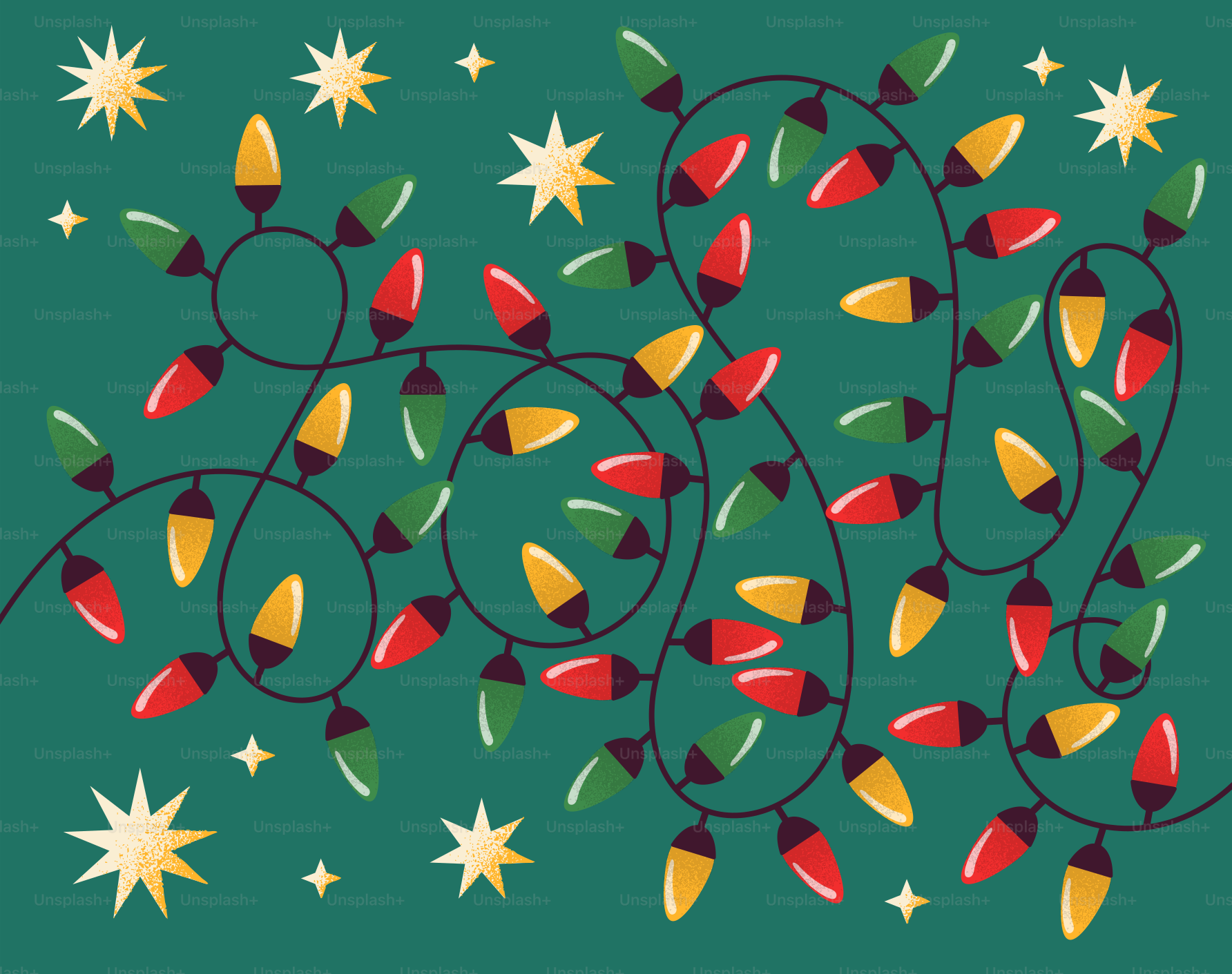 Colorful christmas lights and stars on green background