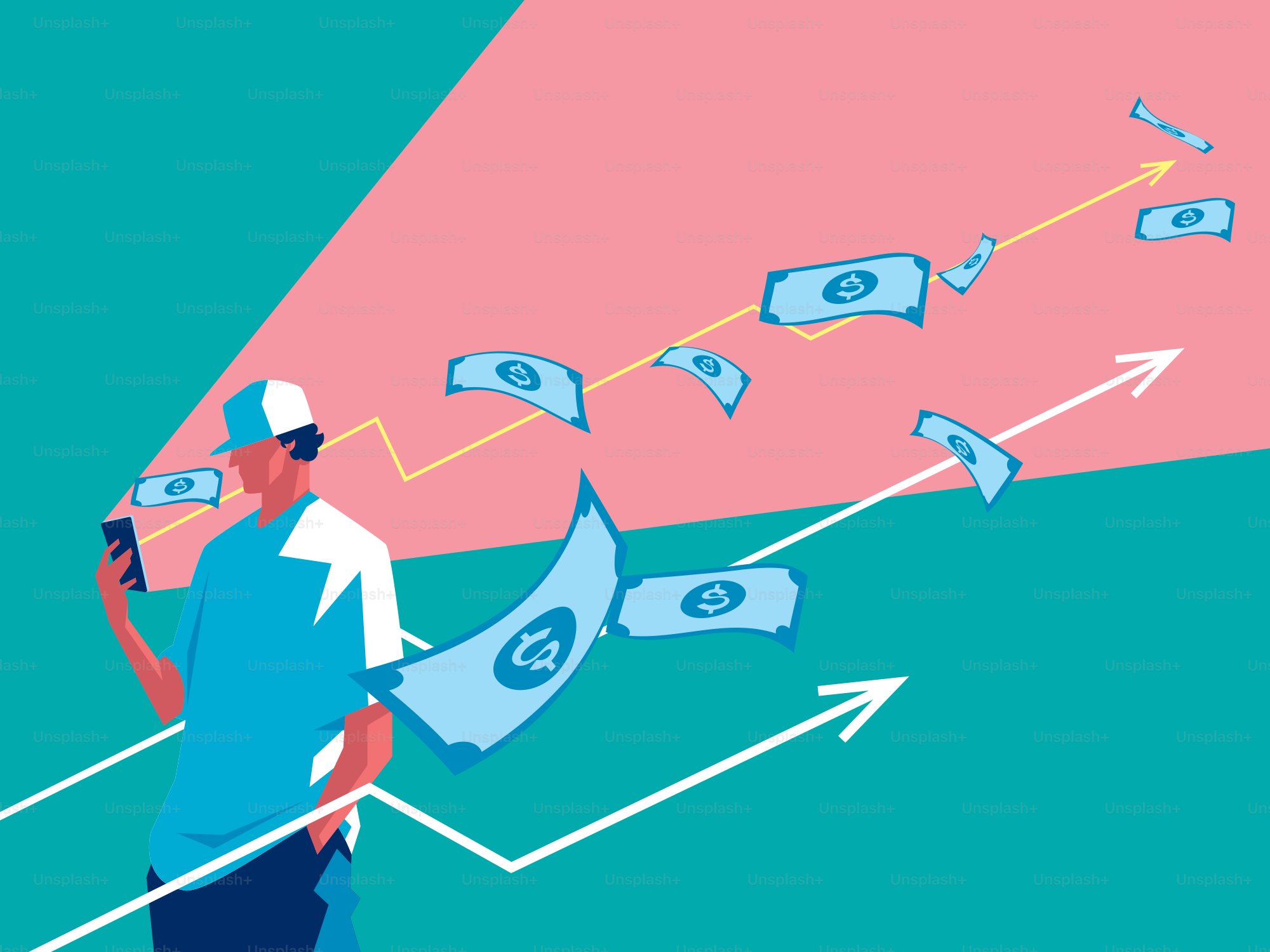 전화 든 남자가 돈이 위로 날아오르는 걸 지켜봐