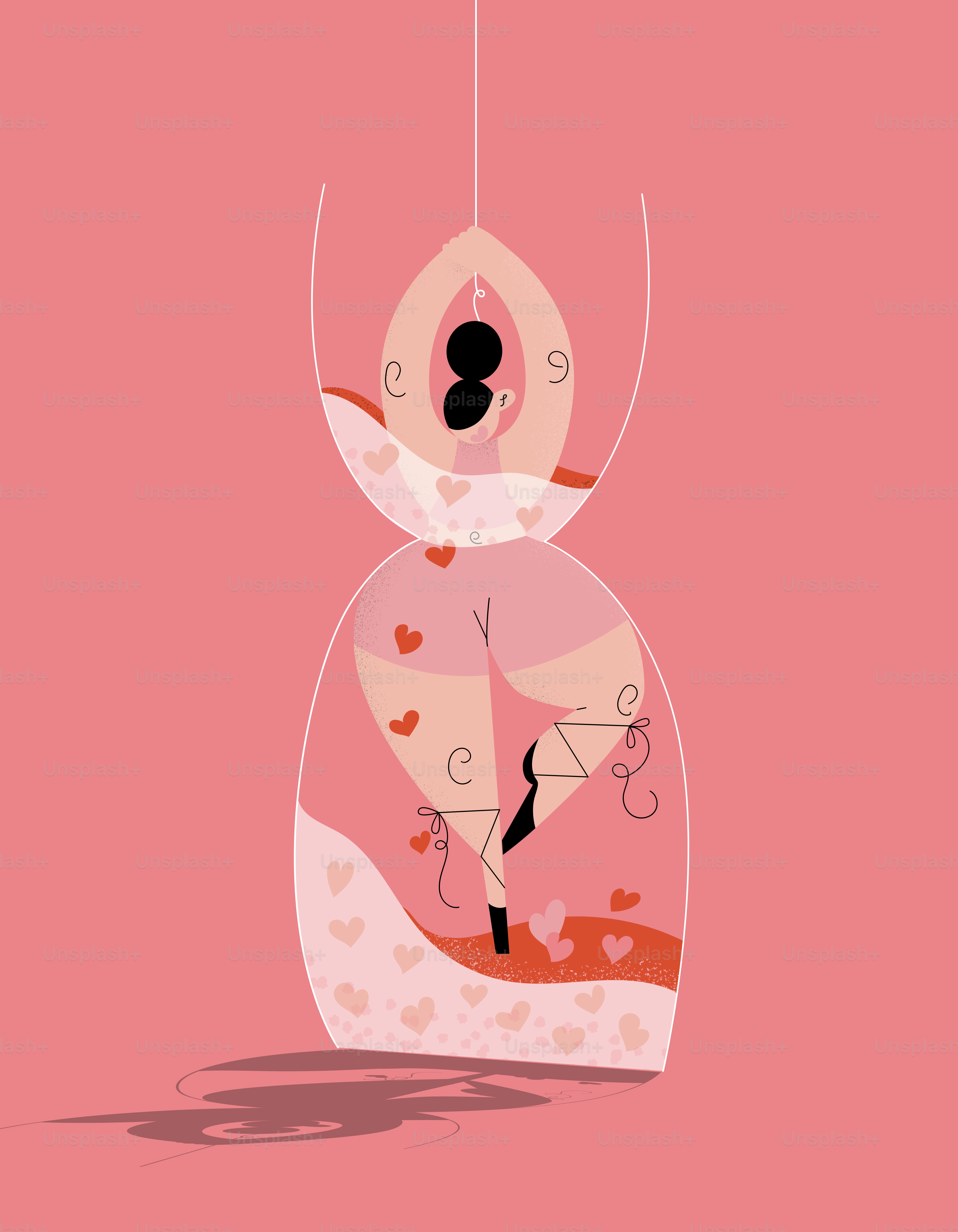 Woman in yoga pose inside hourglass with hearts