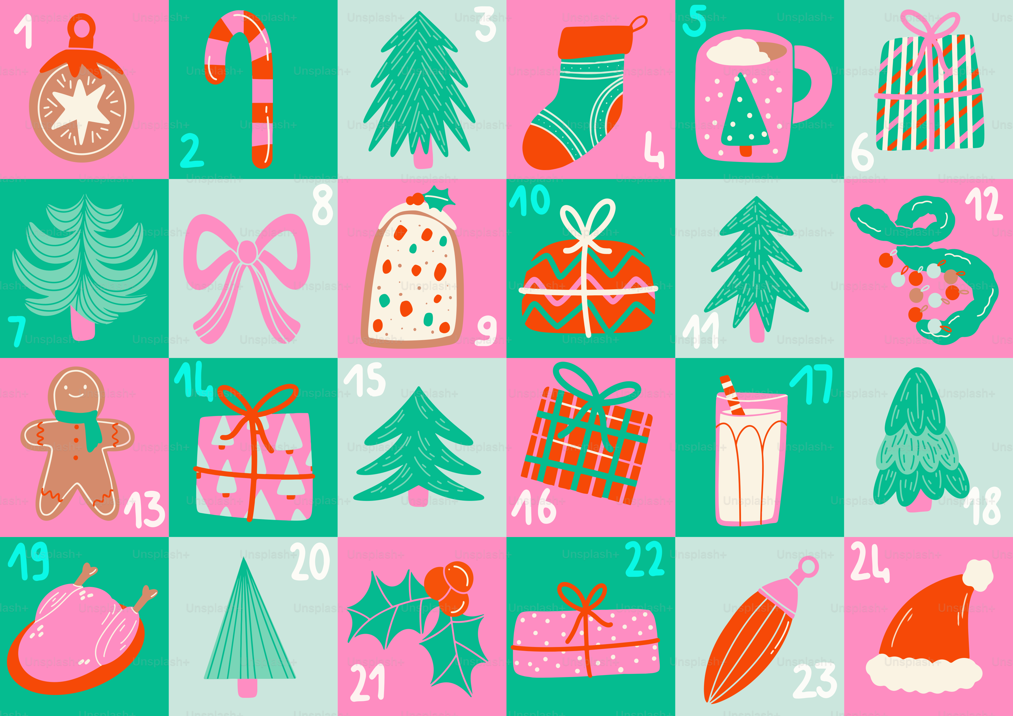 Calendário do advento do Natal com ícones festivos