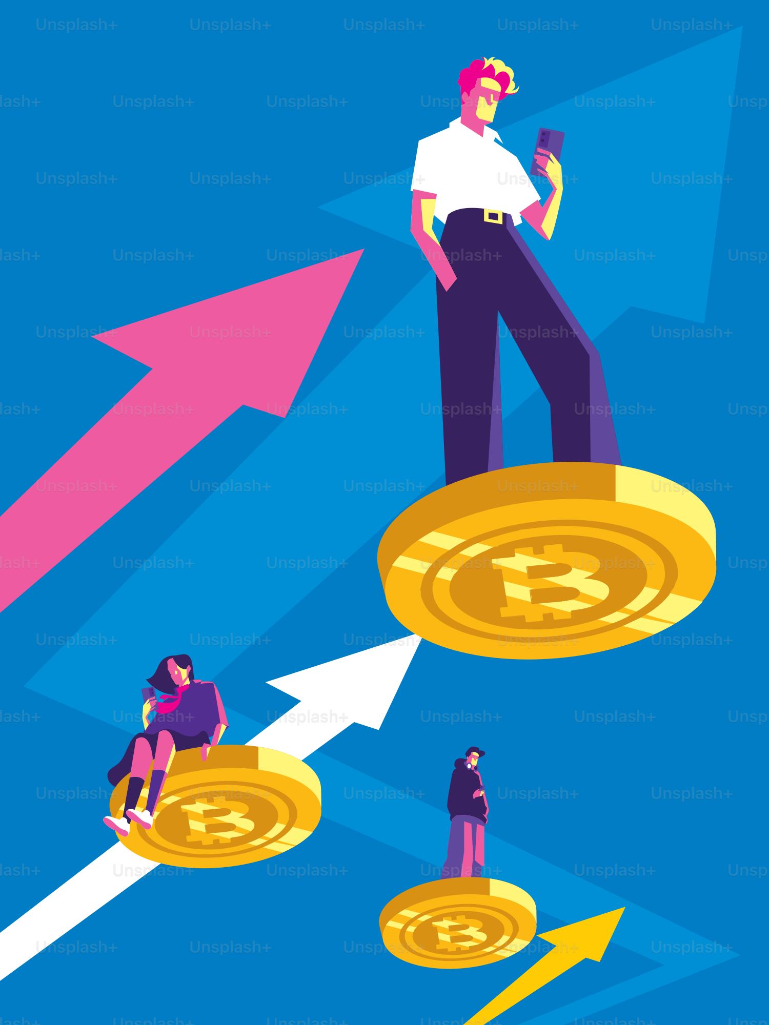 上向きの矢印が付いたビットコインコインの人