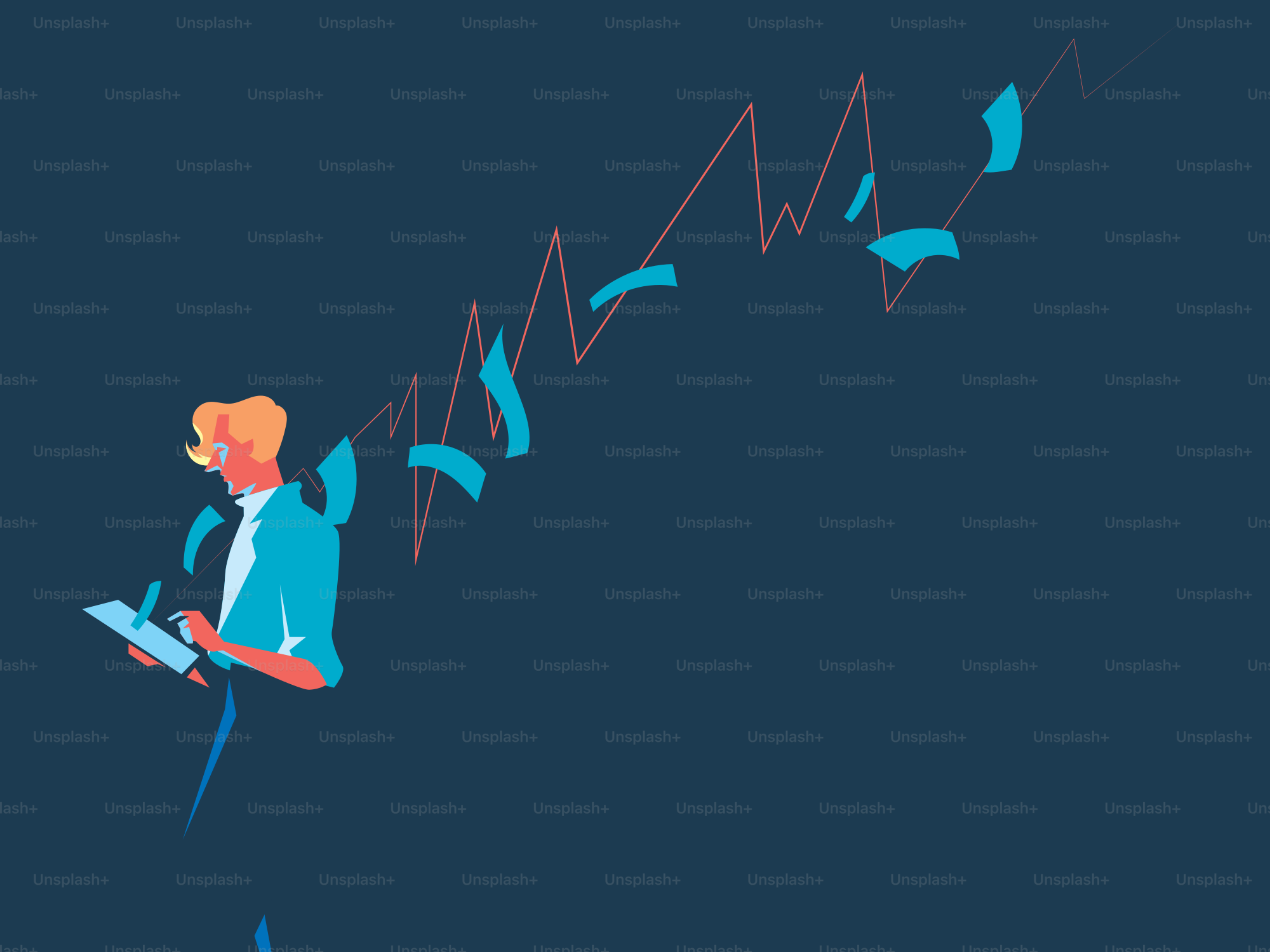 Man analyzing stock market graph with flying money