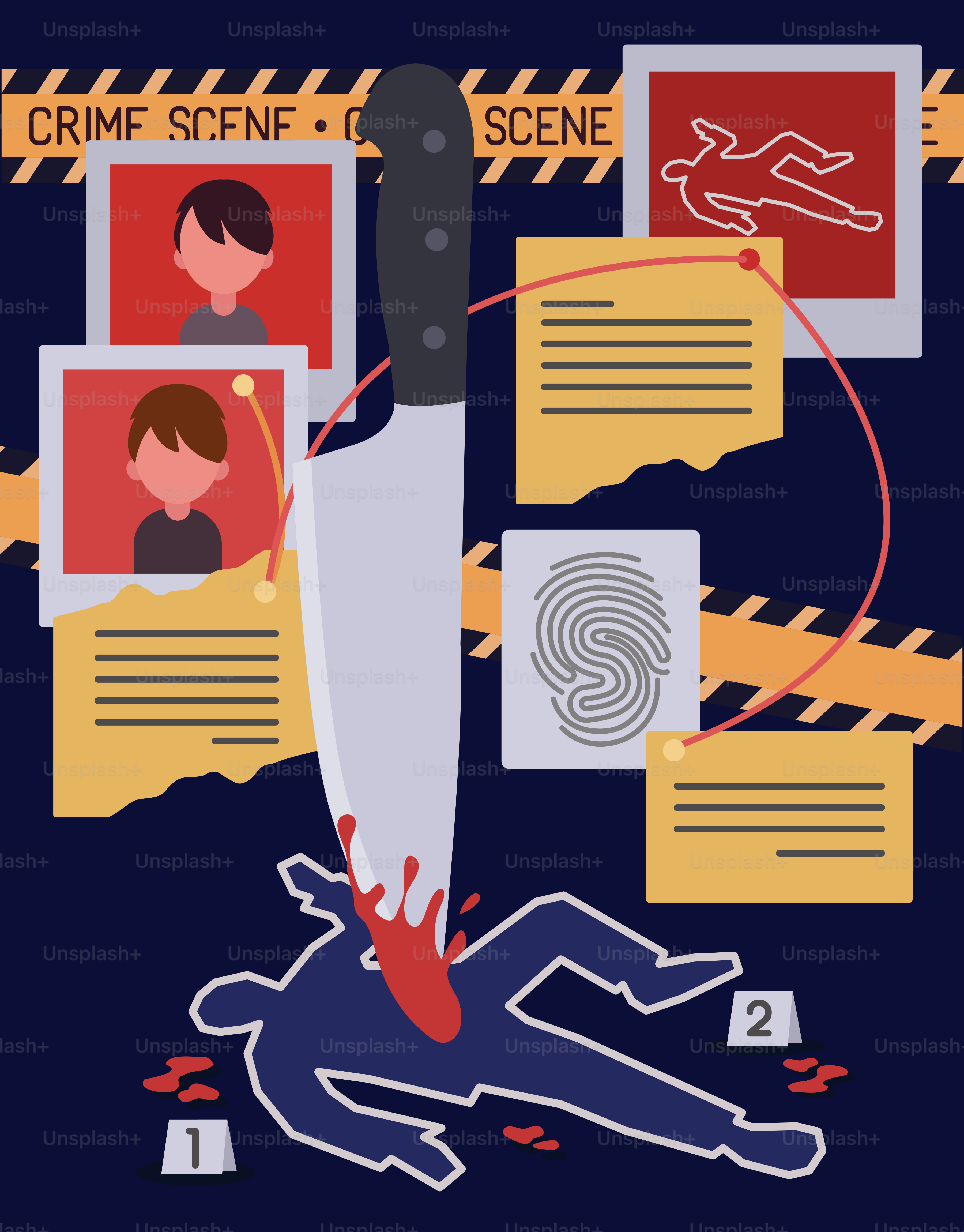 チョークの輪郭とナイフによる犯罪現場の調査