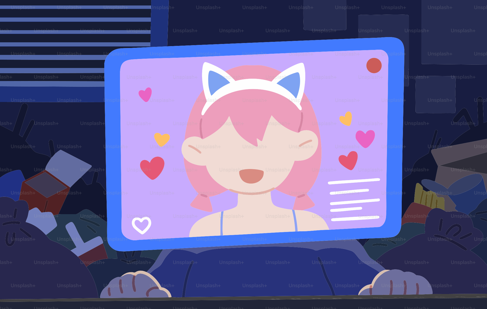 Screen displays anime girl with pink hair and cat ears.